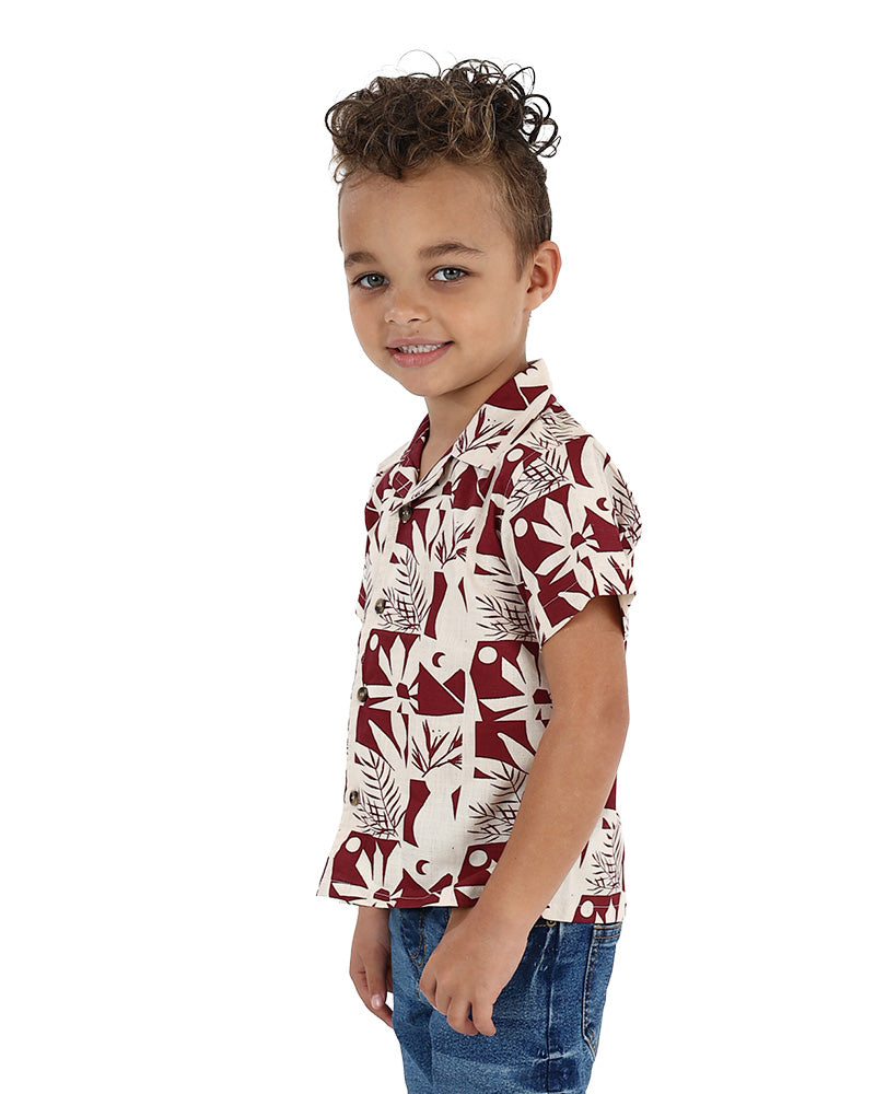 Short Sleeve Burgundy Cuban Print Shirt