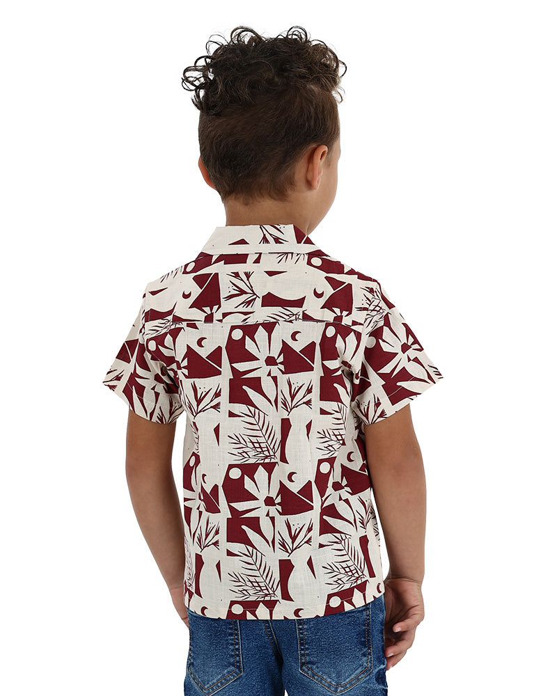 Short Sleeve Burgundy Cuban Print Shirt