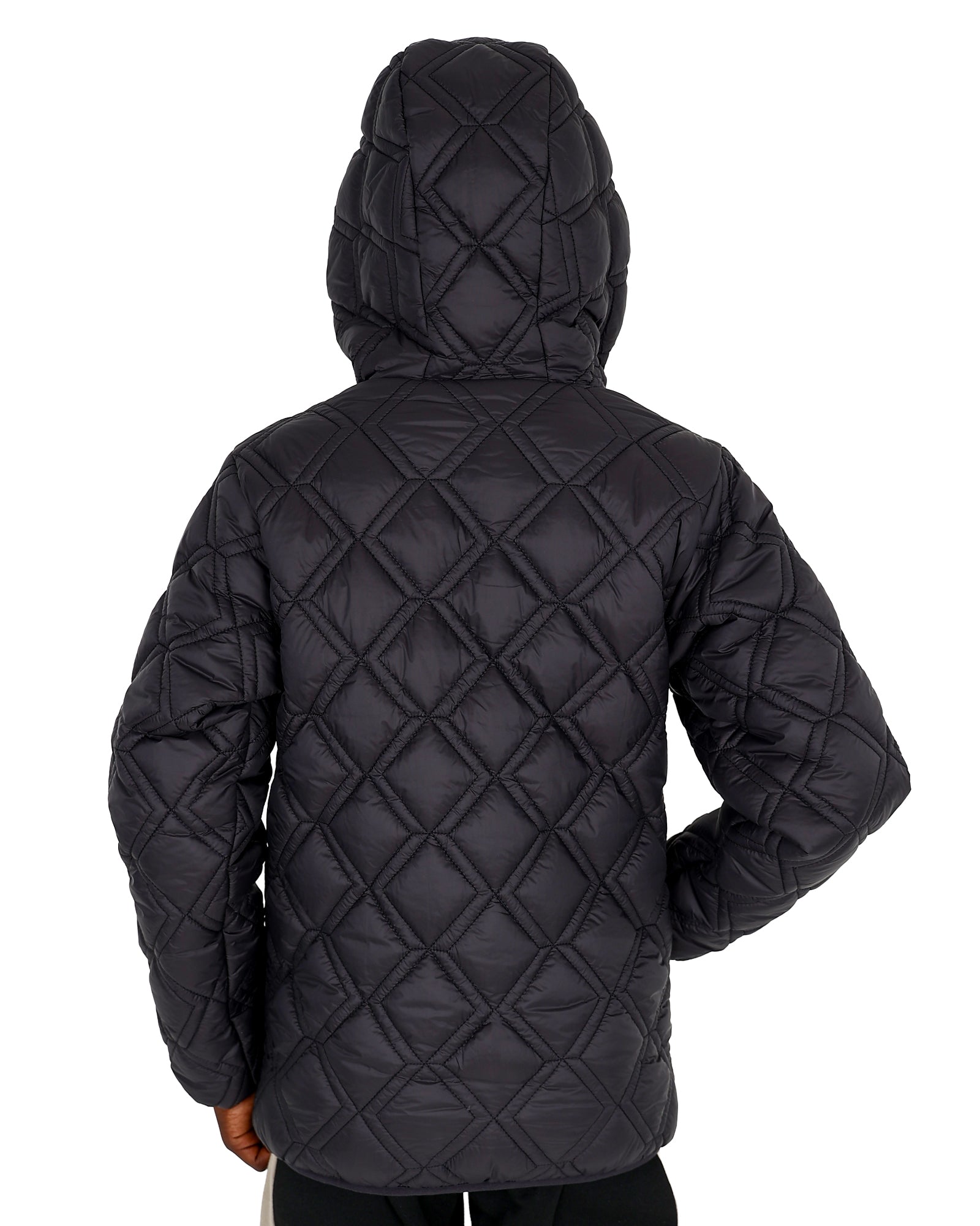 Black Zip Up Hooded Diamond Quilted Puffer Jacket