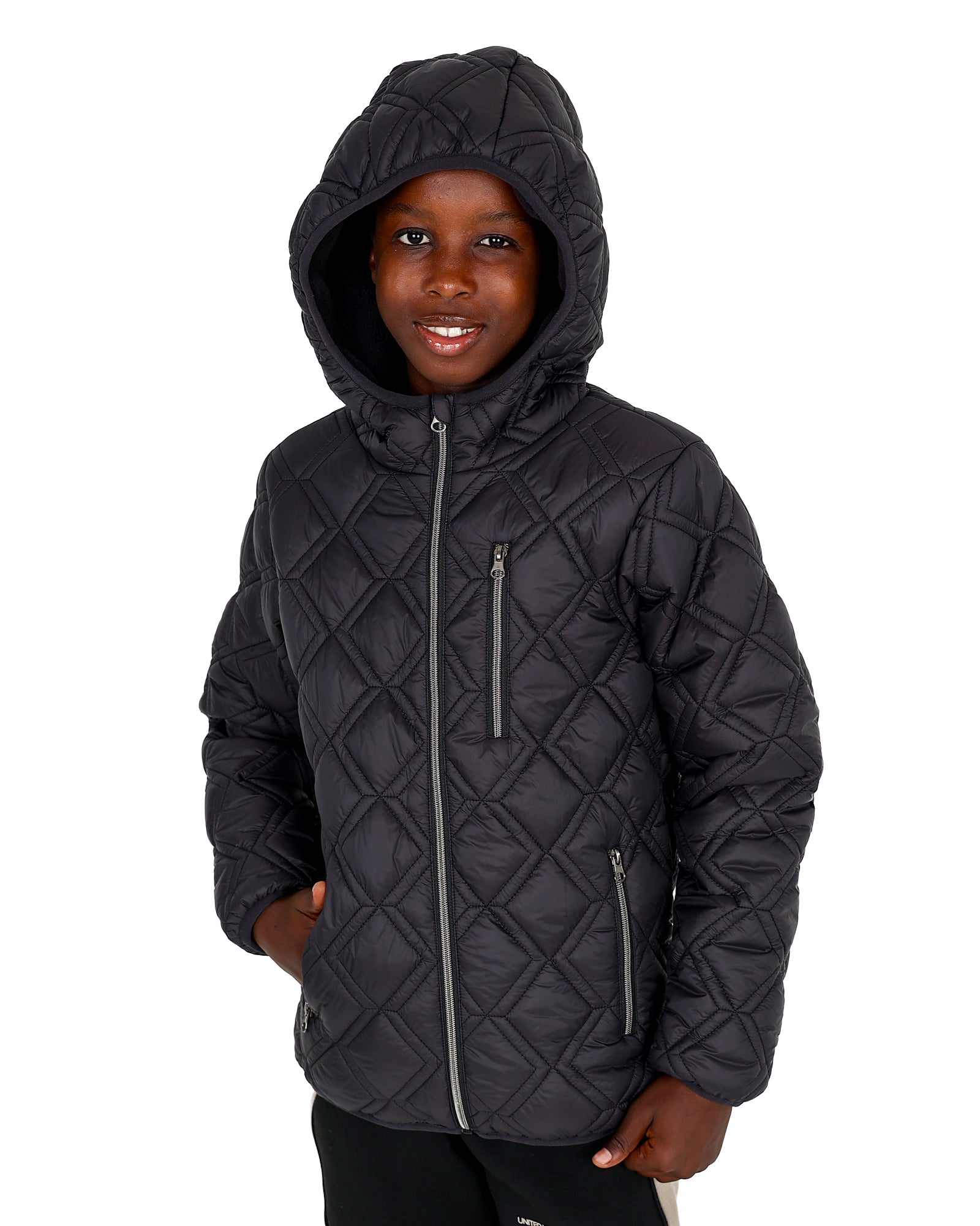 Black Zip Up Hooded Diamond Quilted Puffer Jacket