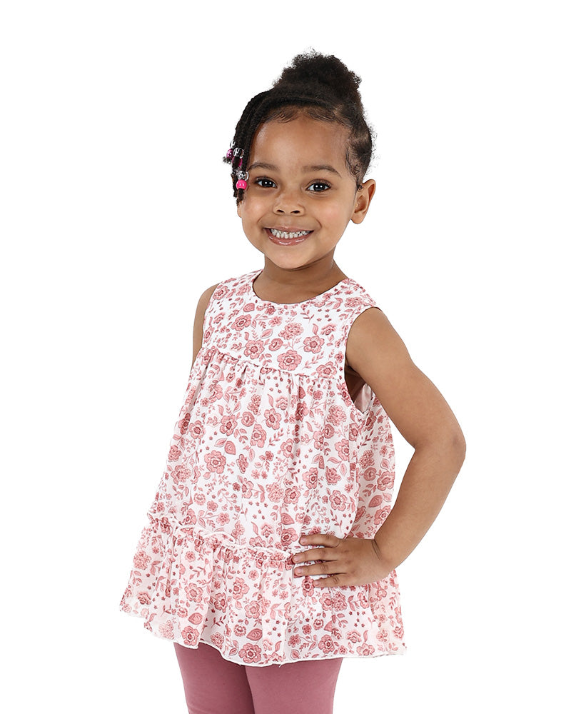 Sleeveless Pink Floral Ruffle Tiered Top and Leggings Set