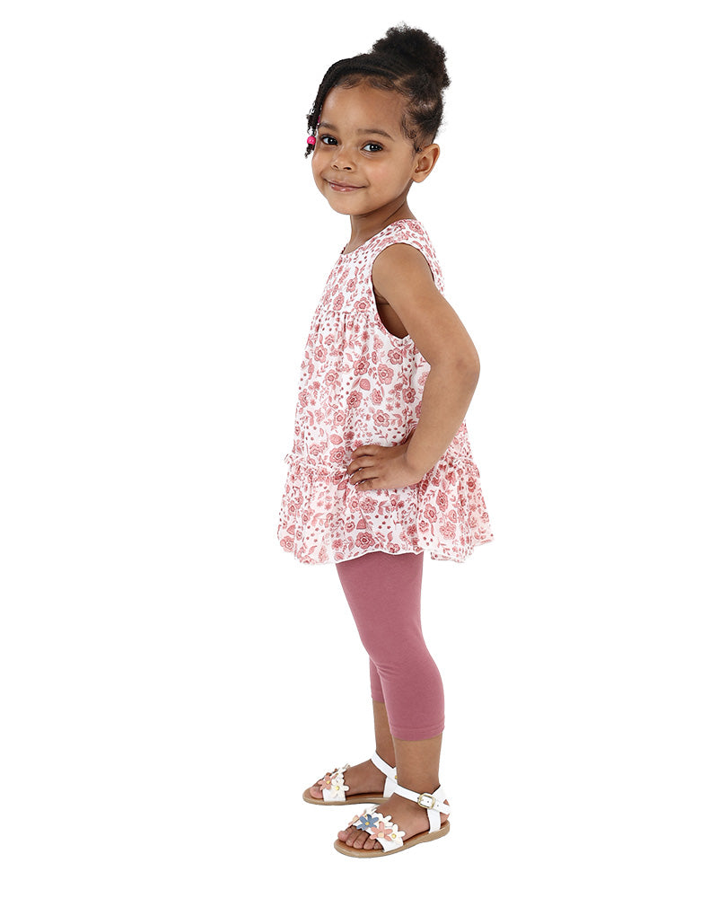 Sleeveless Pink Floral Ruffle Tiered Top and Leggings Set