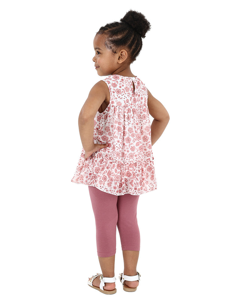 Sleeveless Pink Floral Ruffle Tiered Top and Leggings Set