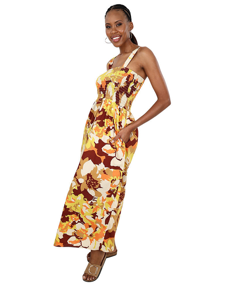 Strappy Orange Smocked Maxi Dress