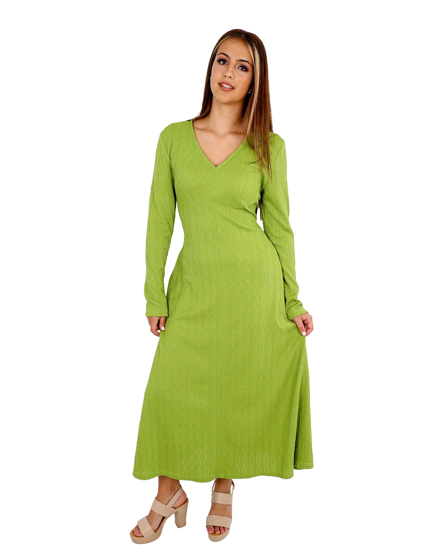 Green Long Sleeve Jacquard Maxi Dress