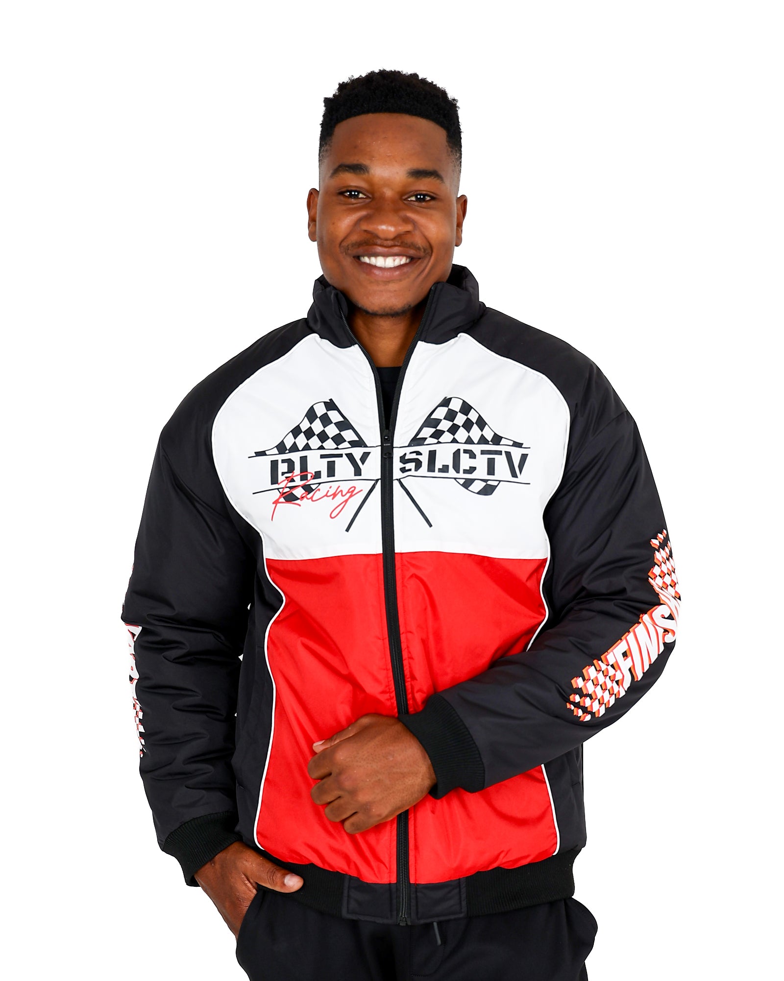 Black & Red Colour Block Racing Inspired Bomber Jacket