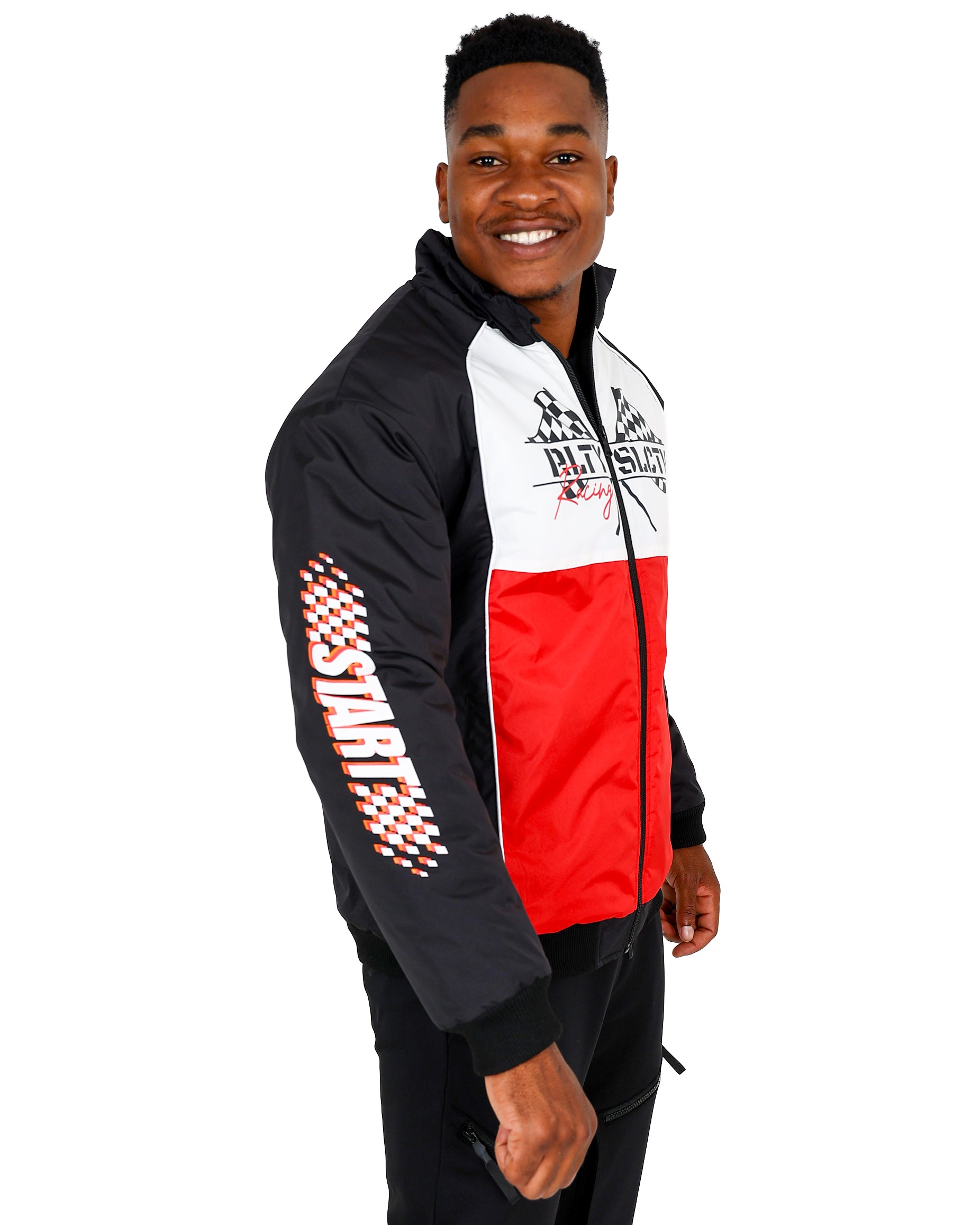 Black & Red Colour Block Racing Inspired Bomber Jacket