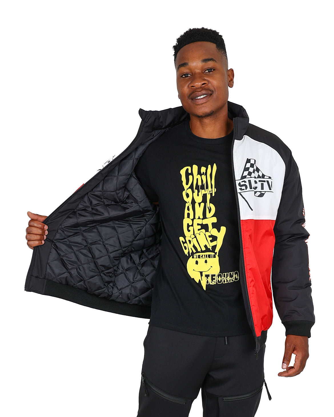 Black & Red Colour Block Racing Inspired Bomber Jacket