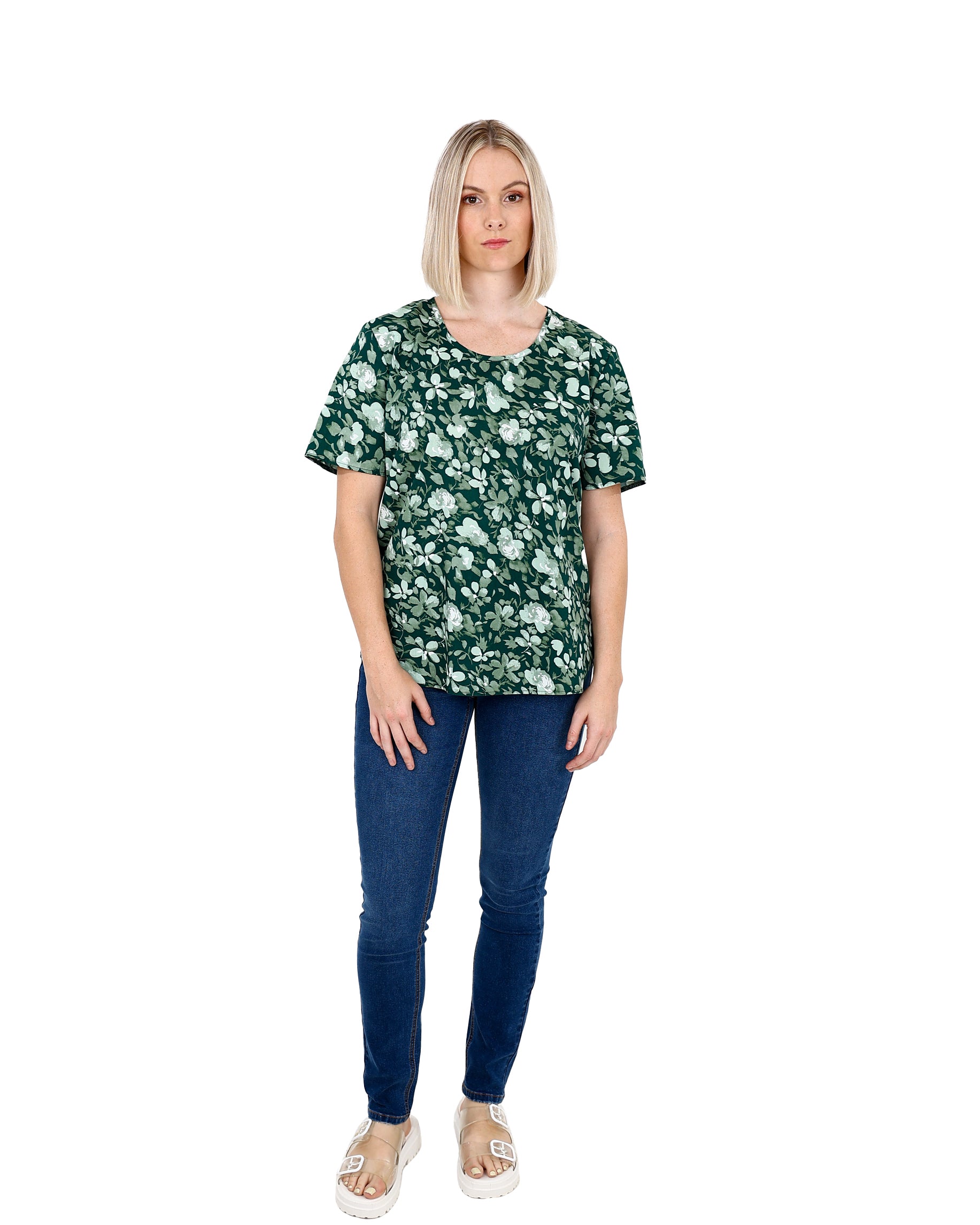 Short Sleeve Green Floral Print Blouse