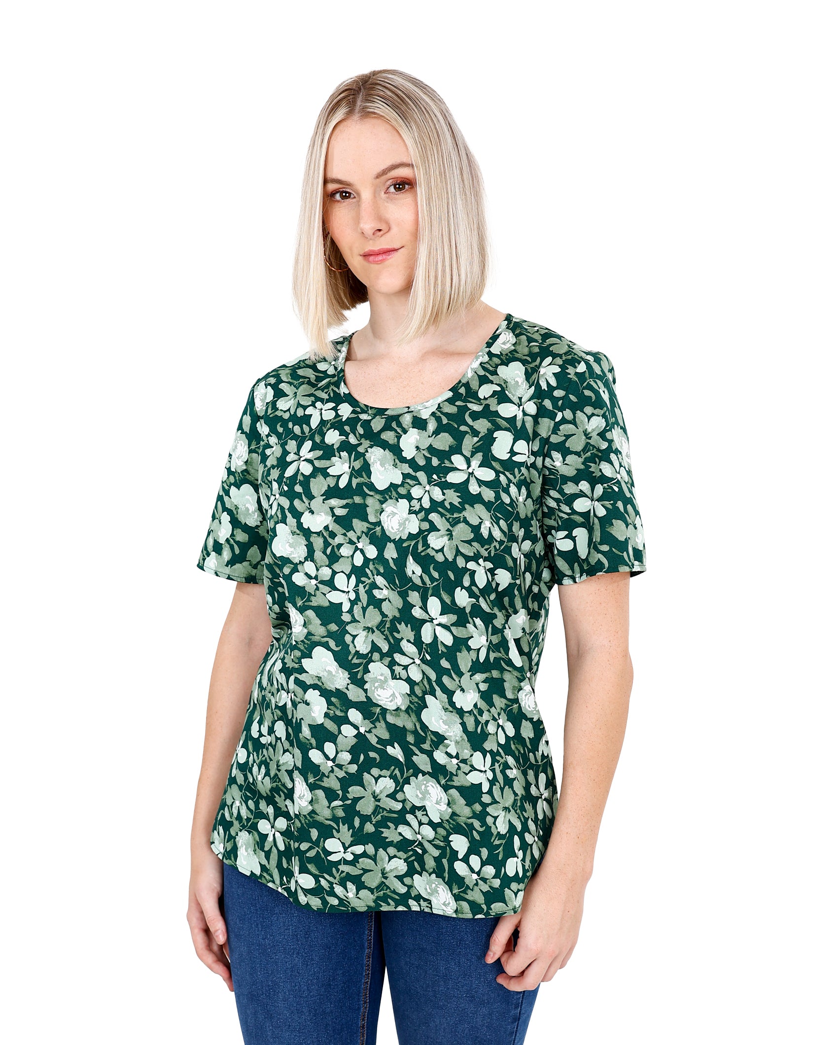 Short Sleeve Green Floral Print Blouse