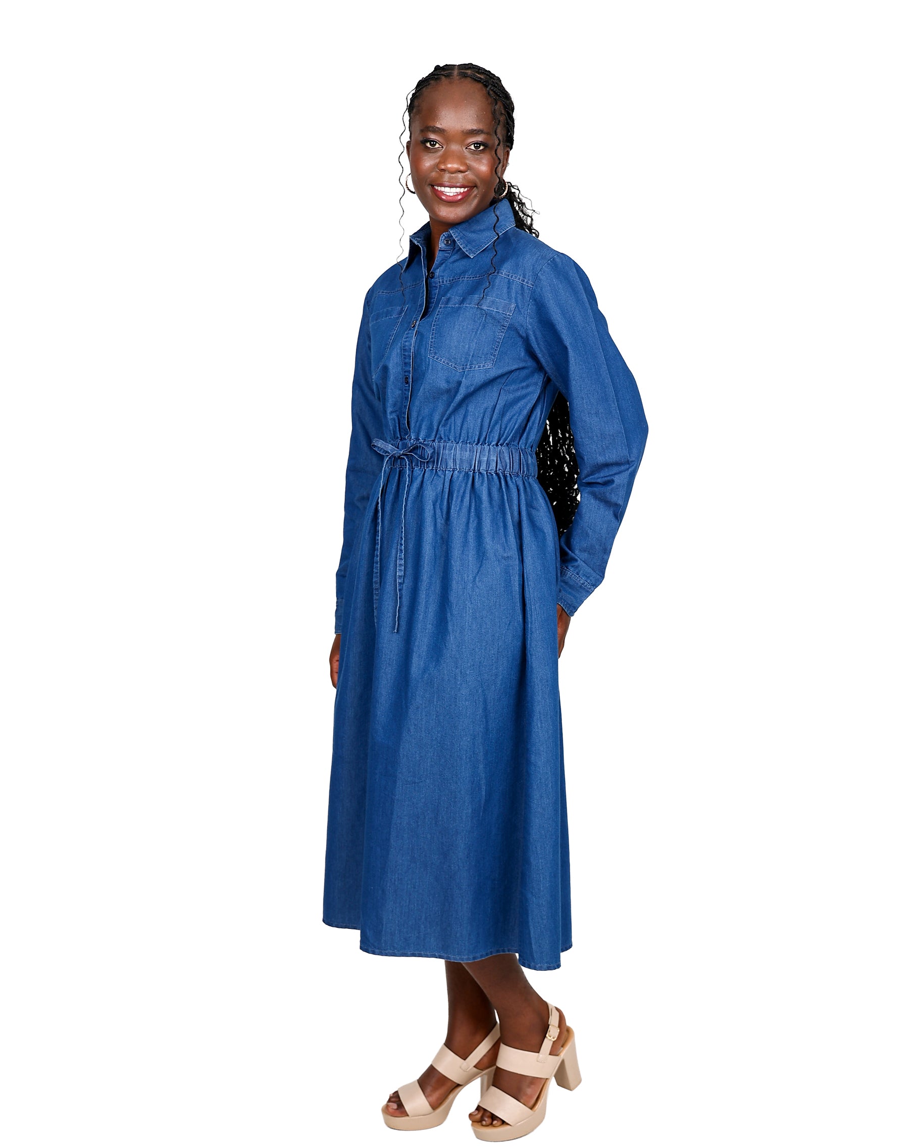 Long Sleeve Denim Midi Shirt Dress