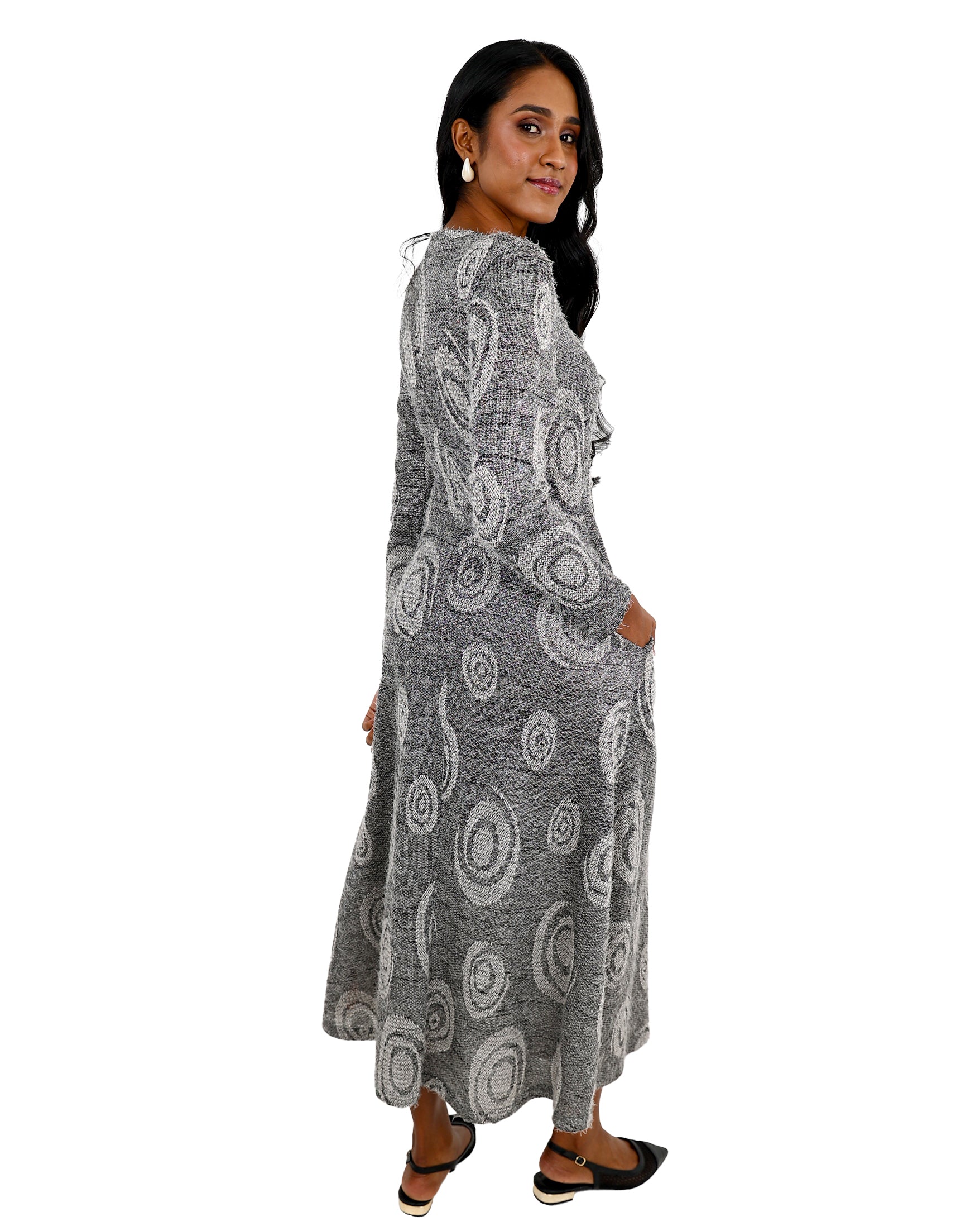 Long Sleeve Monochrome Print French Knit Midi Dress