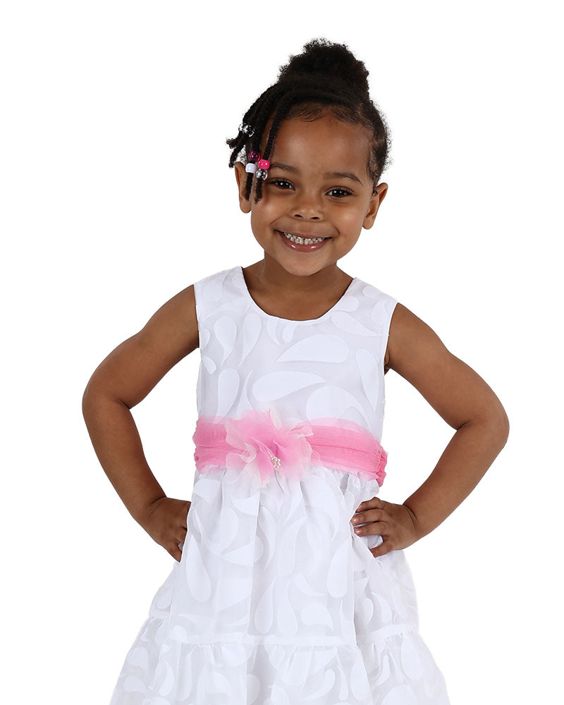 Sleeveless White Floral Burnout Belted Party Dress