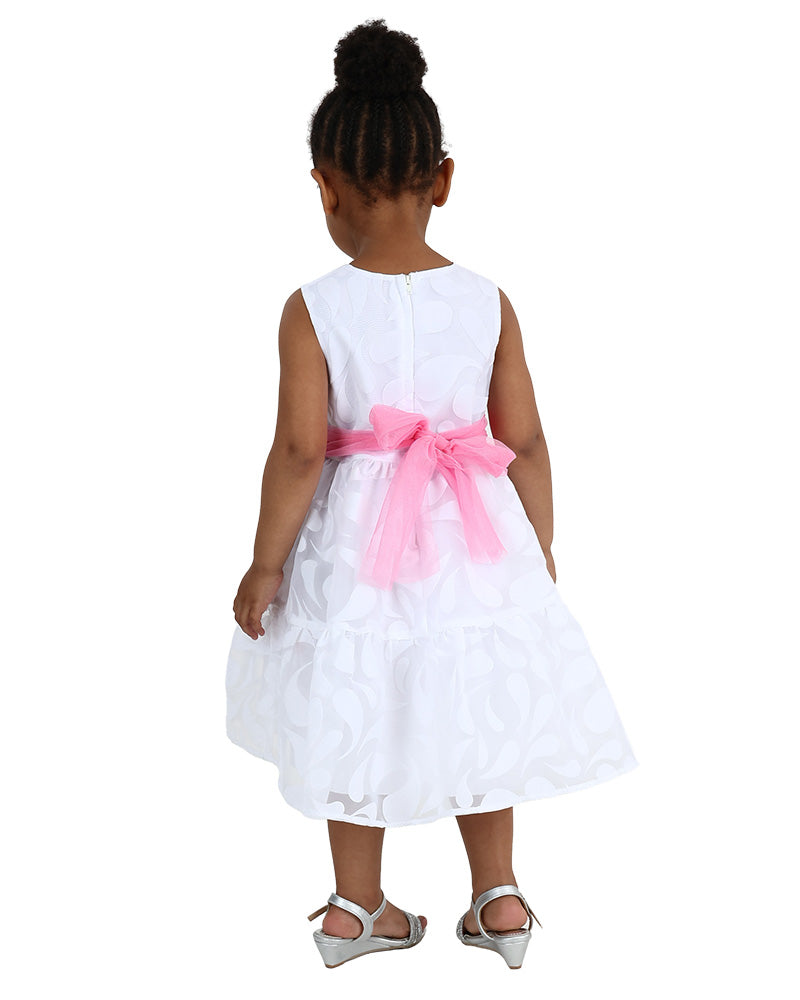 Sleeveless White Floral Burnout Belted Party Dress