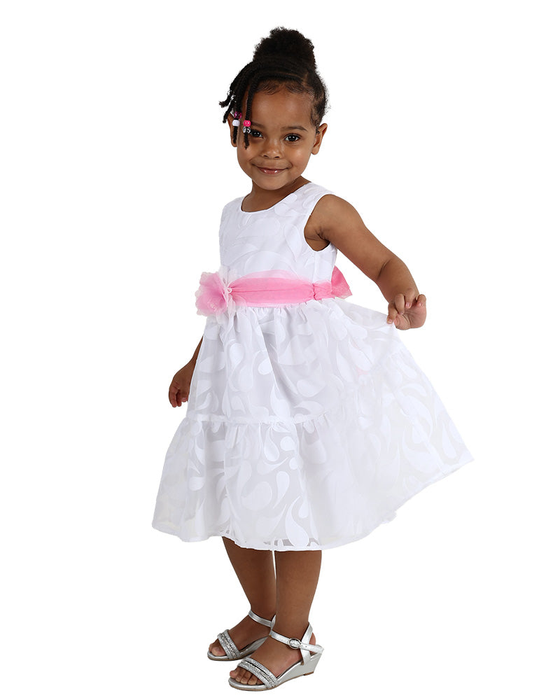 Sleeveless White Floral Burnout Belted Party Dress