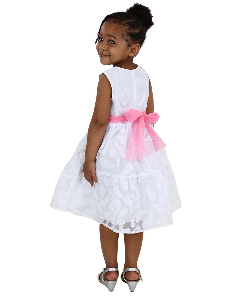 Sleeveless White Floral Burnout Belted Party Dress