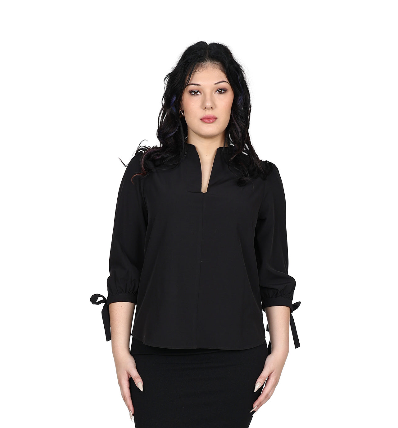 3/4 Sleeve Black Tie Detail V-Neck Blouse