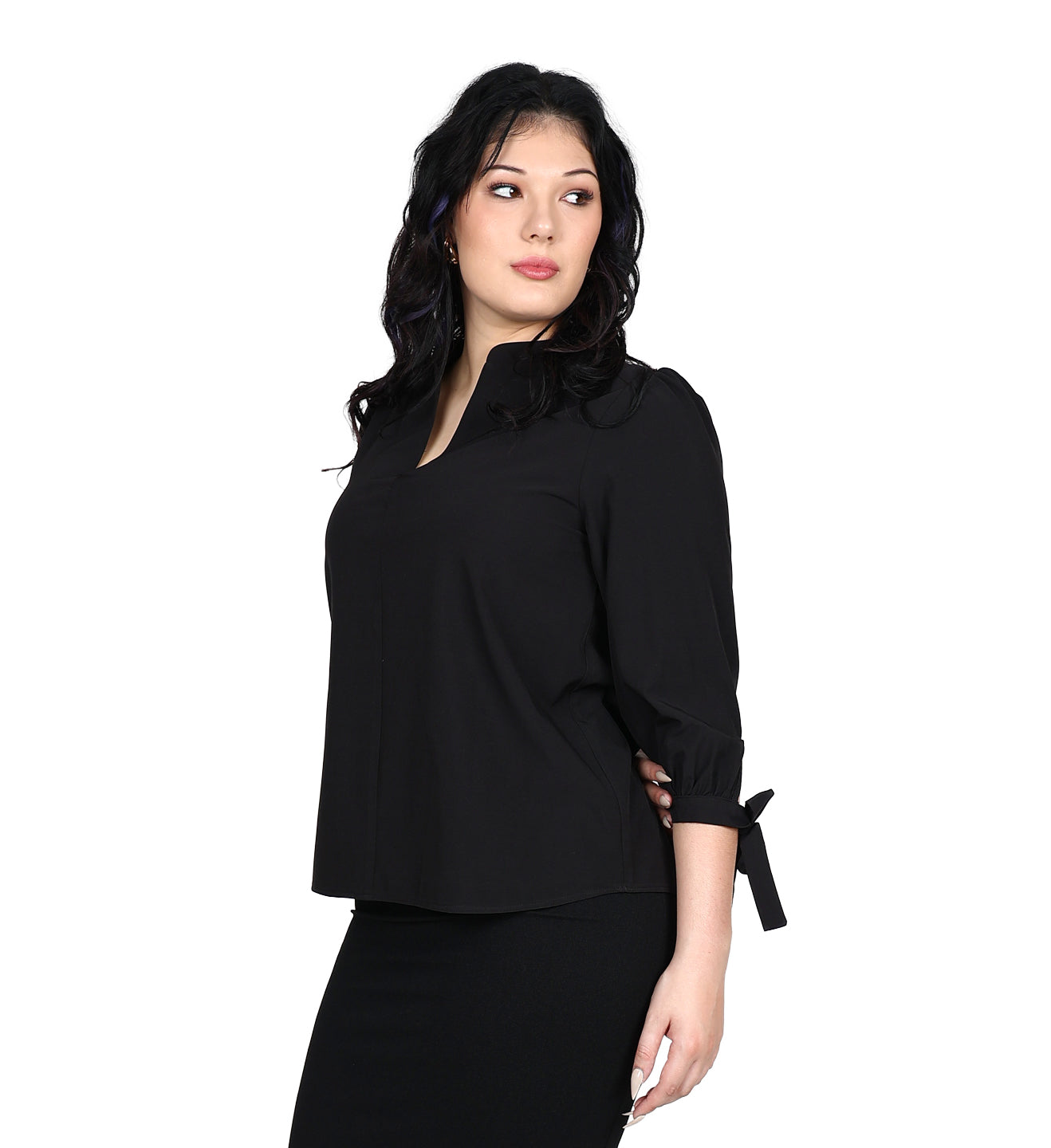 3/4 Sleeve Black Tie Detail V-Neck Blouse