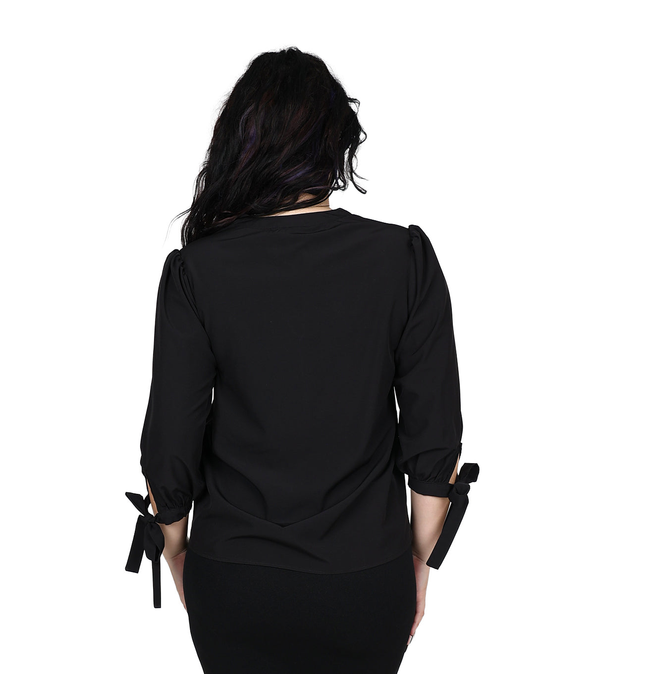 3/4 Sleeve Black Tie Detail V-Neck Blouse