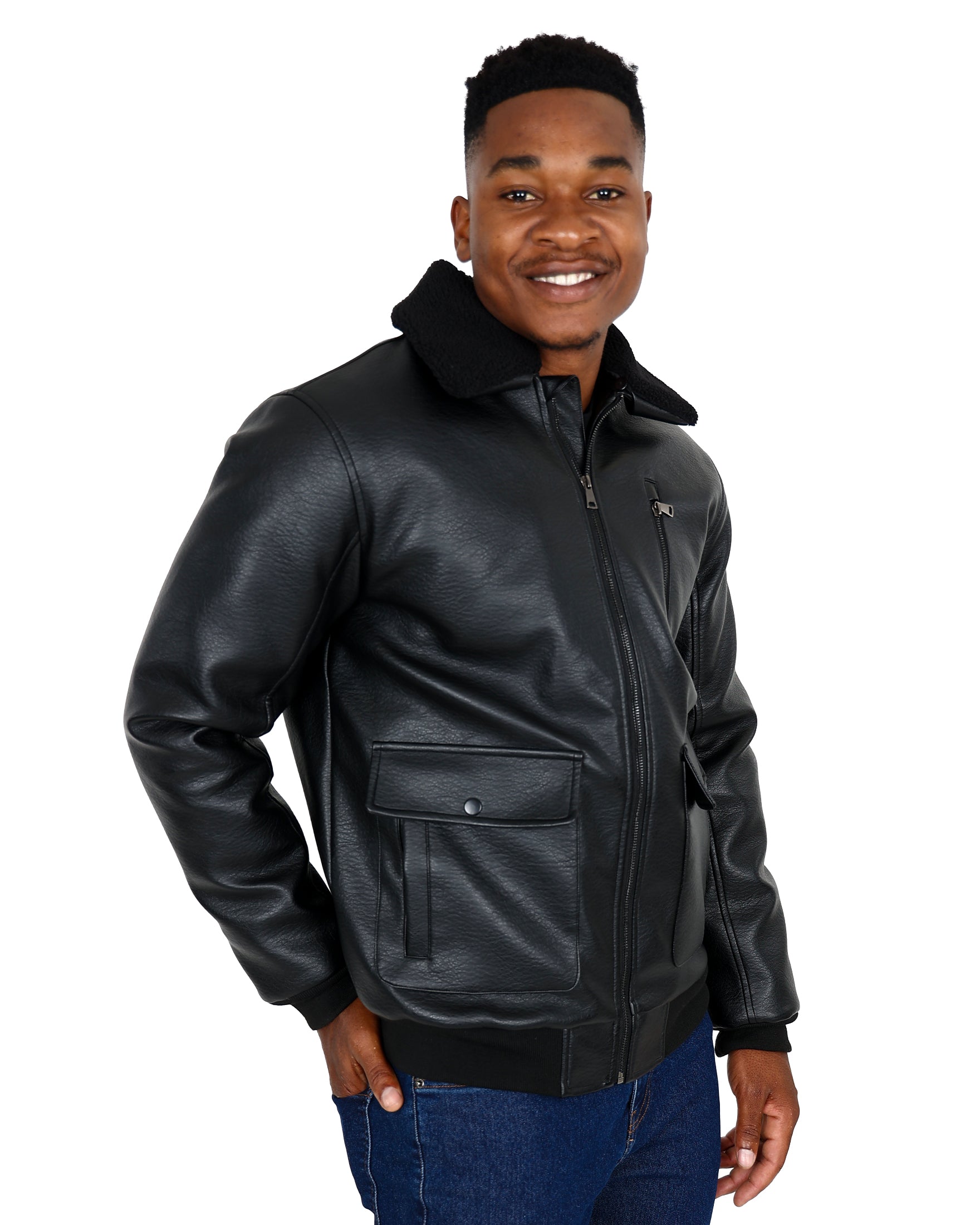 Black Leather-Look Borg Collar Bomber Jacket