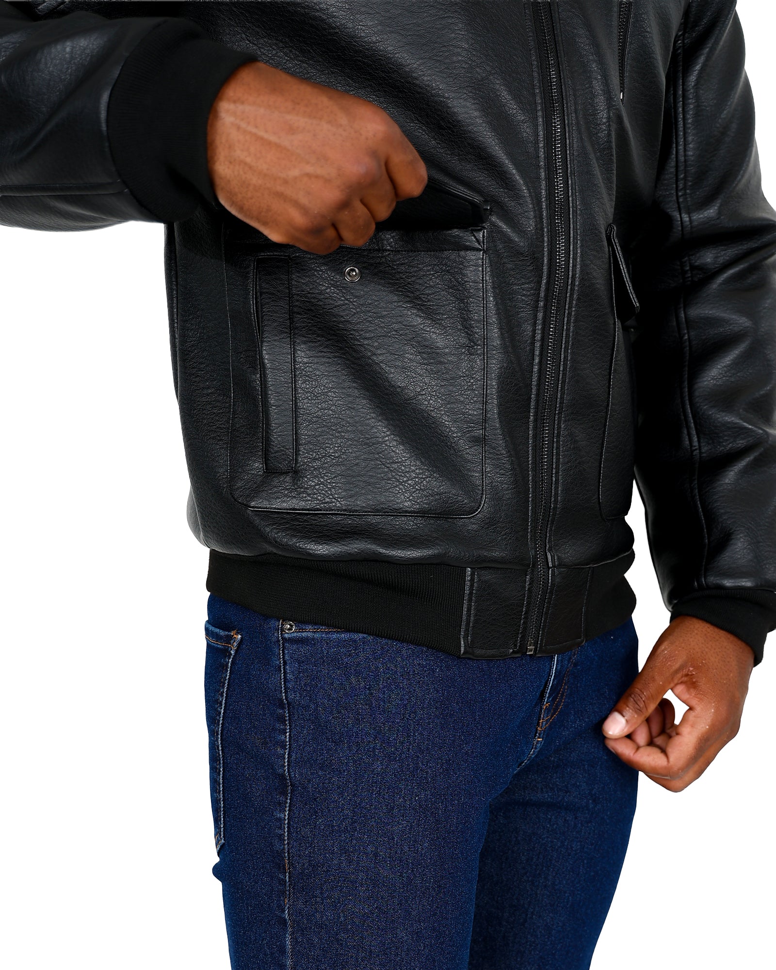 Black Leather-Look Borg Collar Bomber Jacket