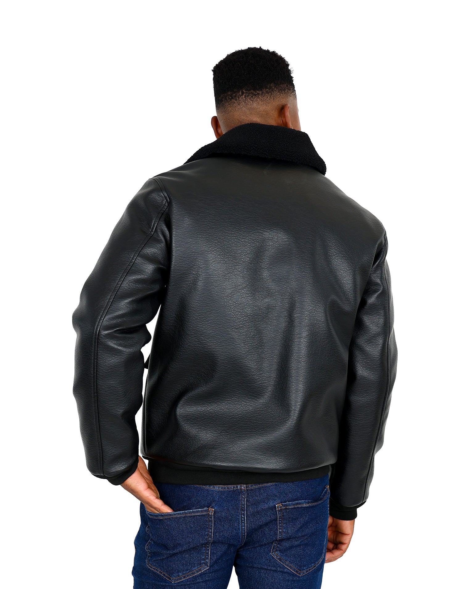 Black Leather-Look Borg Collar Bomber Jacket
