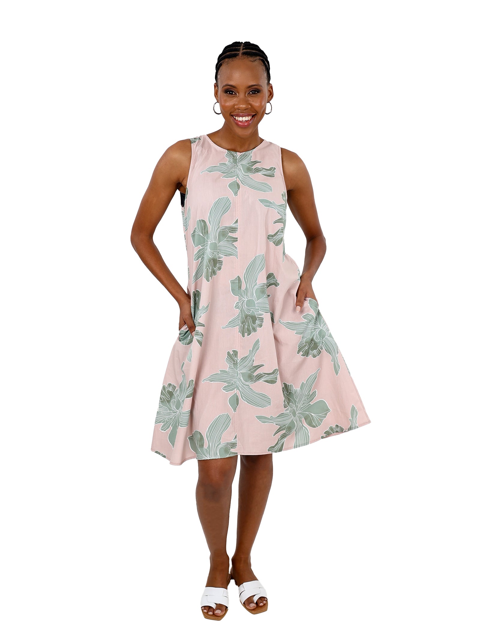 Sleeveless Blush Abstract Leaf Print Swing Dress