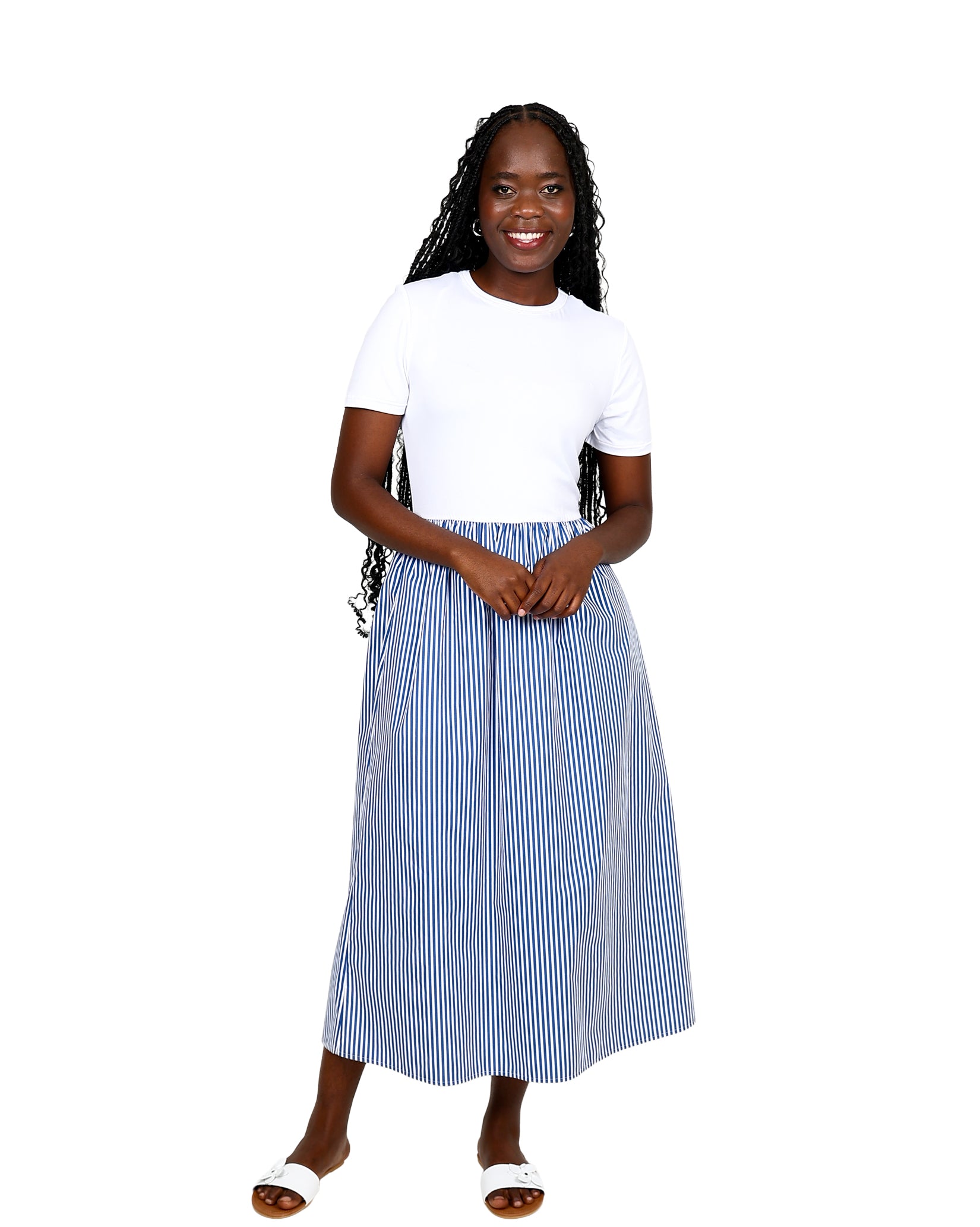 Blue & White Striped Combo Short Sleeve Maxi Dress