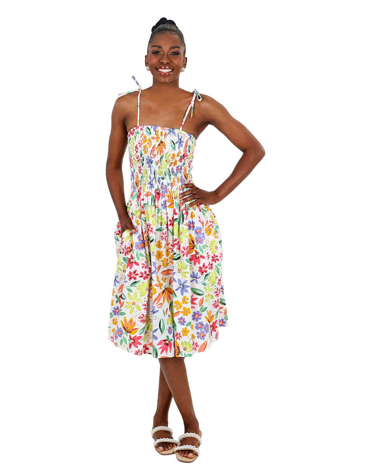 Strappy Smocked Floral Knee Length Dress