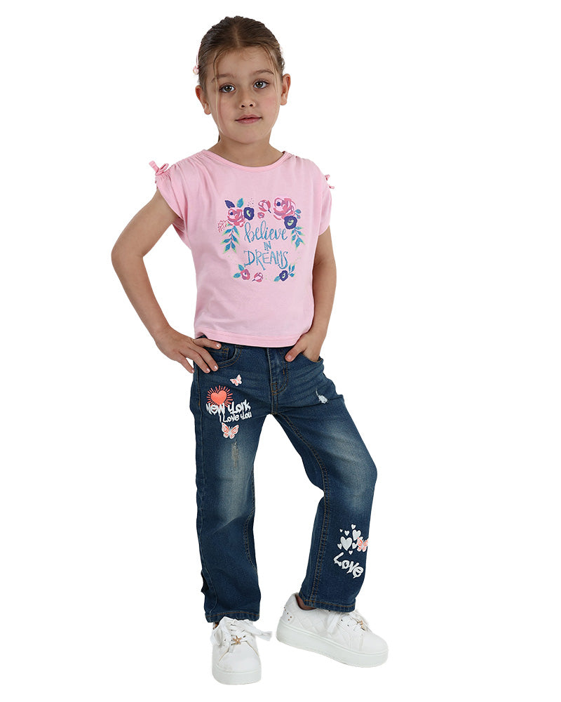 Short Ruched Sleeve Believe In Dreams Graphic Print T-Shirt