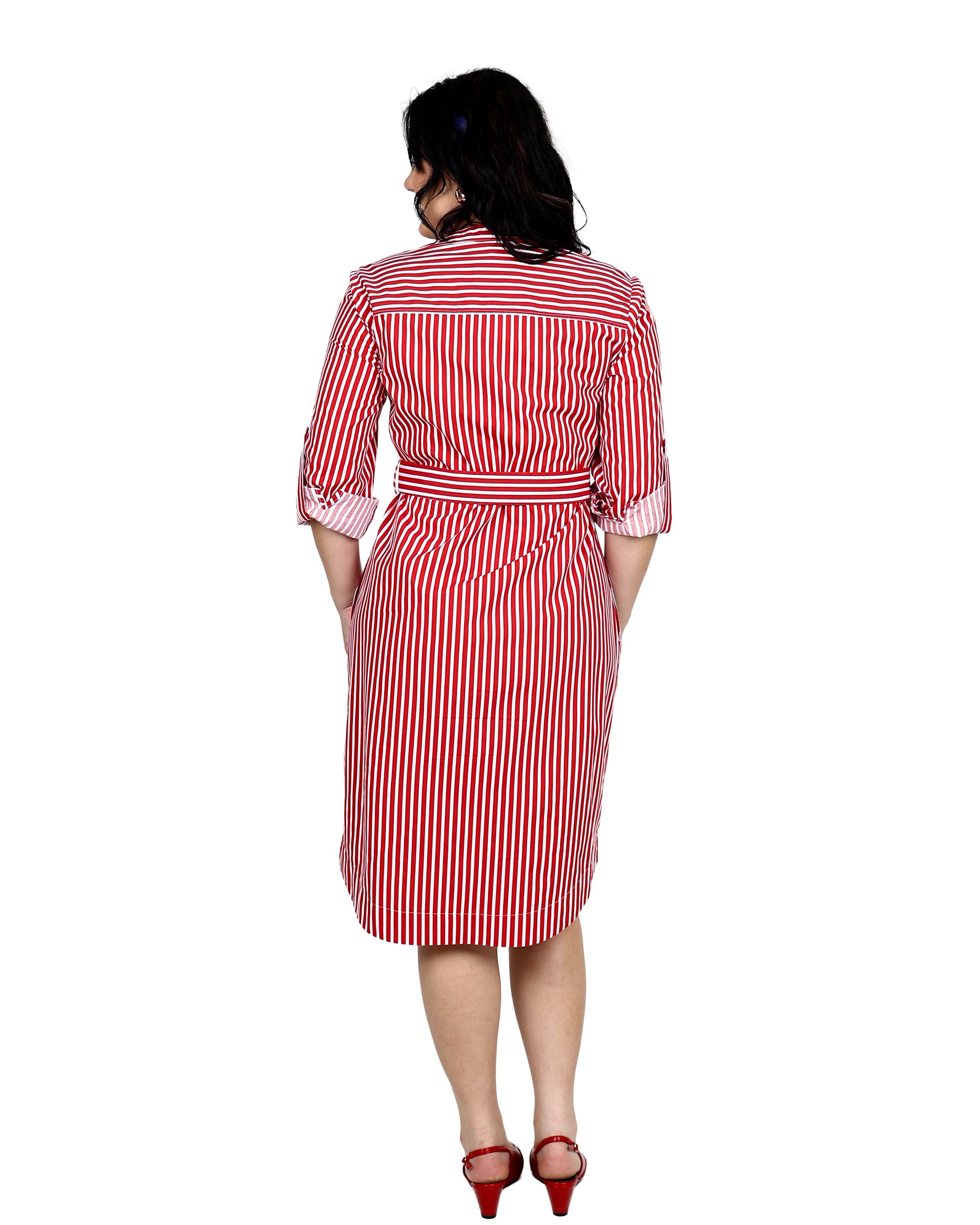 Red & White Striped Long Sleeve Button Through Shirt Dress