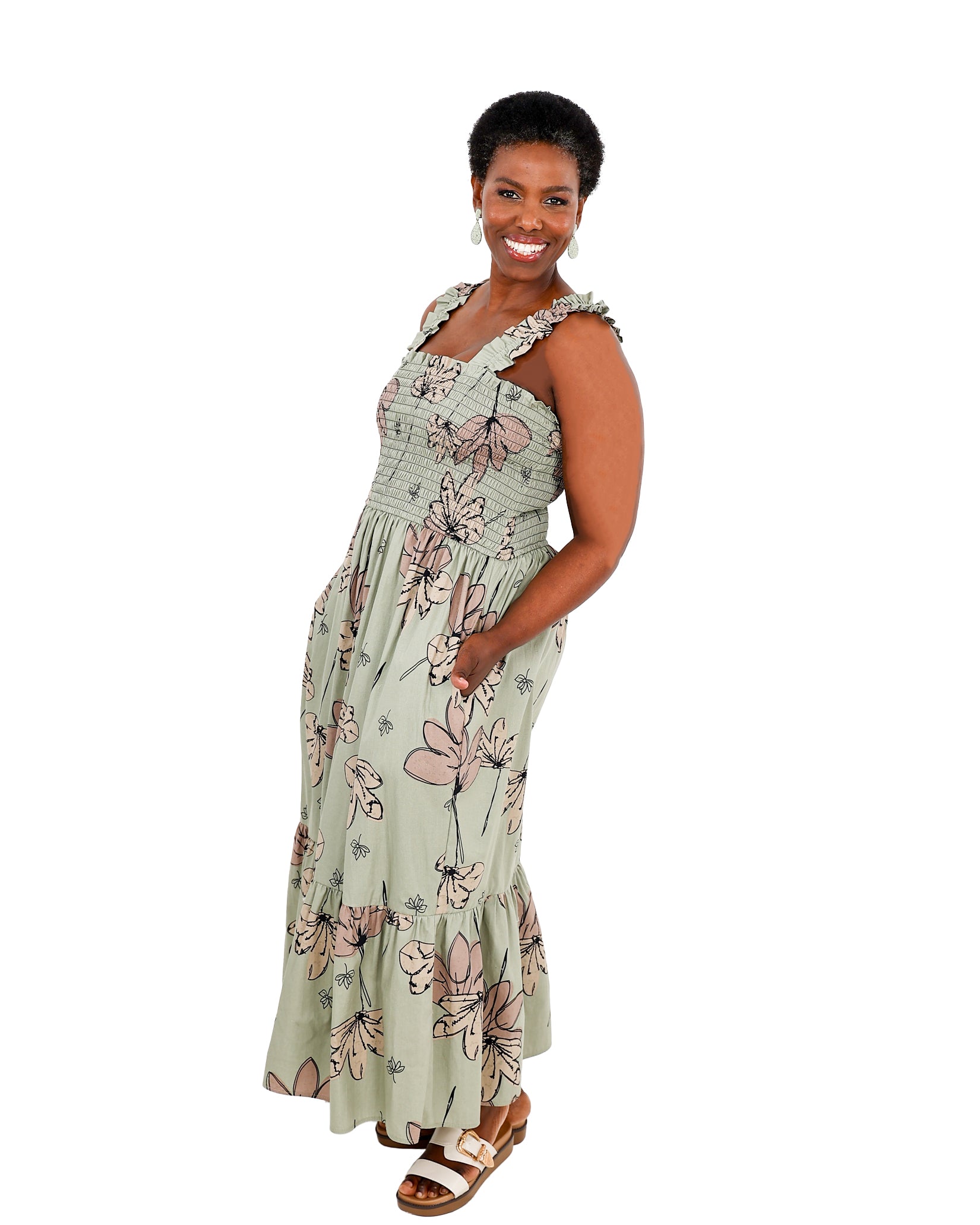 Strappy Floral Print Smocked Maxi Dress