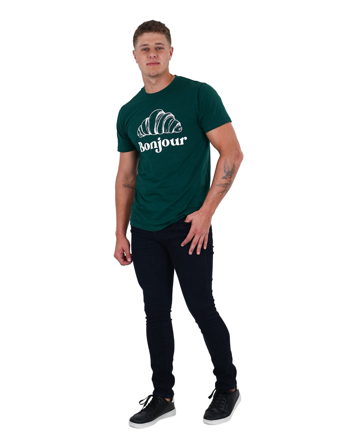 Short Sleeve Bottle Green Bonjour Graphic T-Shirt