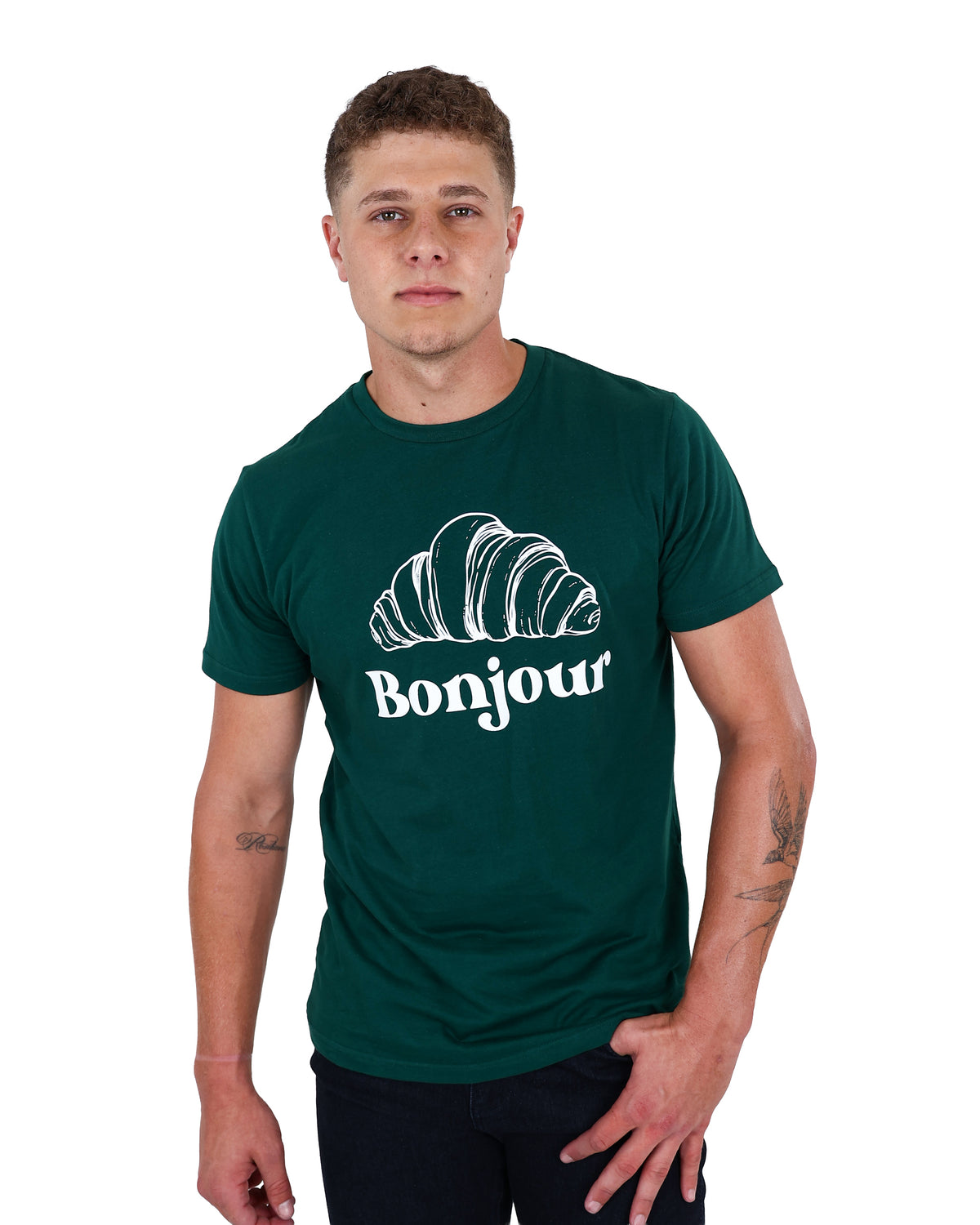 Short Sleeve Bottle Green Bonjour Graphic T-Shirt