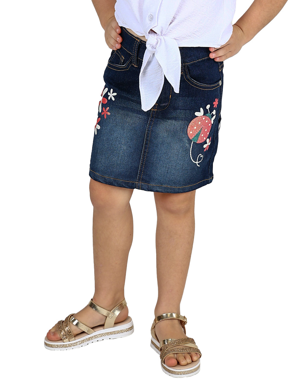 Snow Wash Lady Bug Graphic Print Denim Skirt