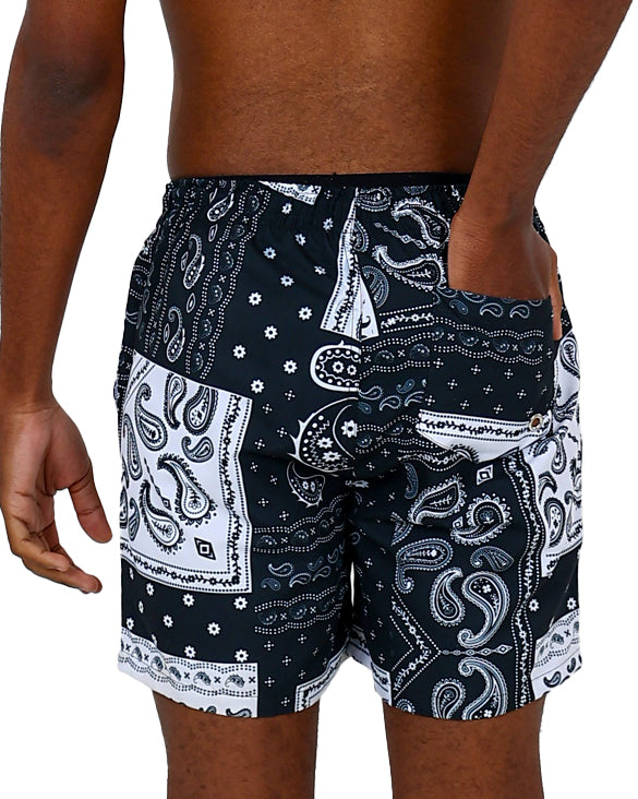 Black & White Bandana Print Swim Shorts