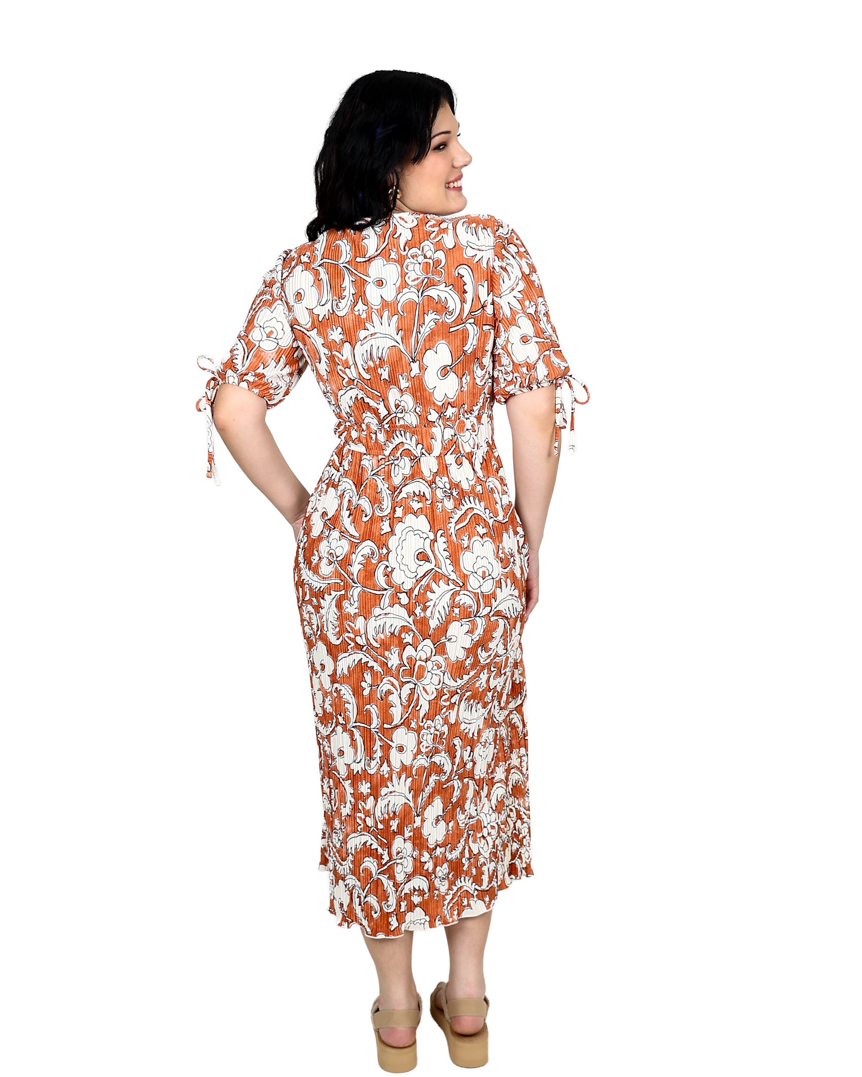 Short Sleeve Printed Plisse Midi Dress