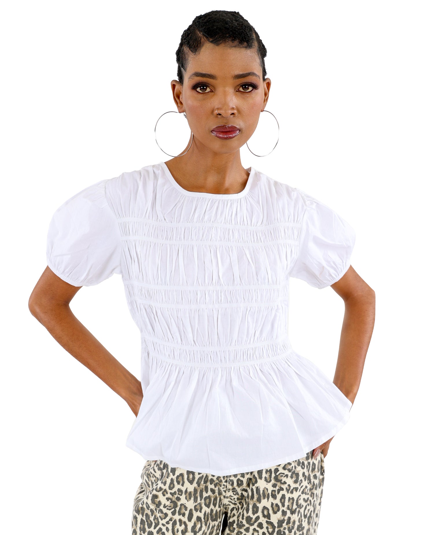 Short Puff Sleeve Shirred Peplum Blouse