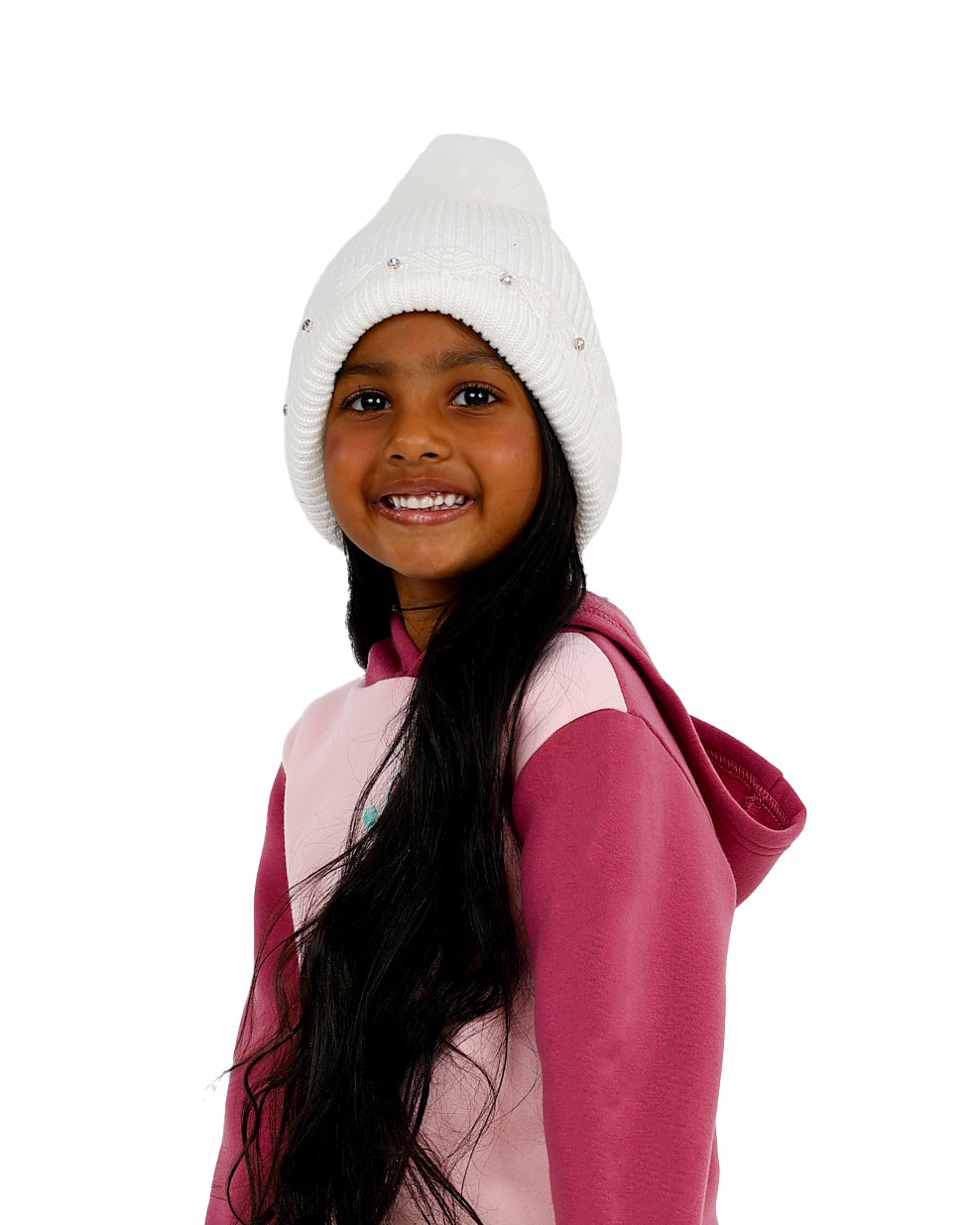 White Diamante Trim Pompom Beanie