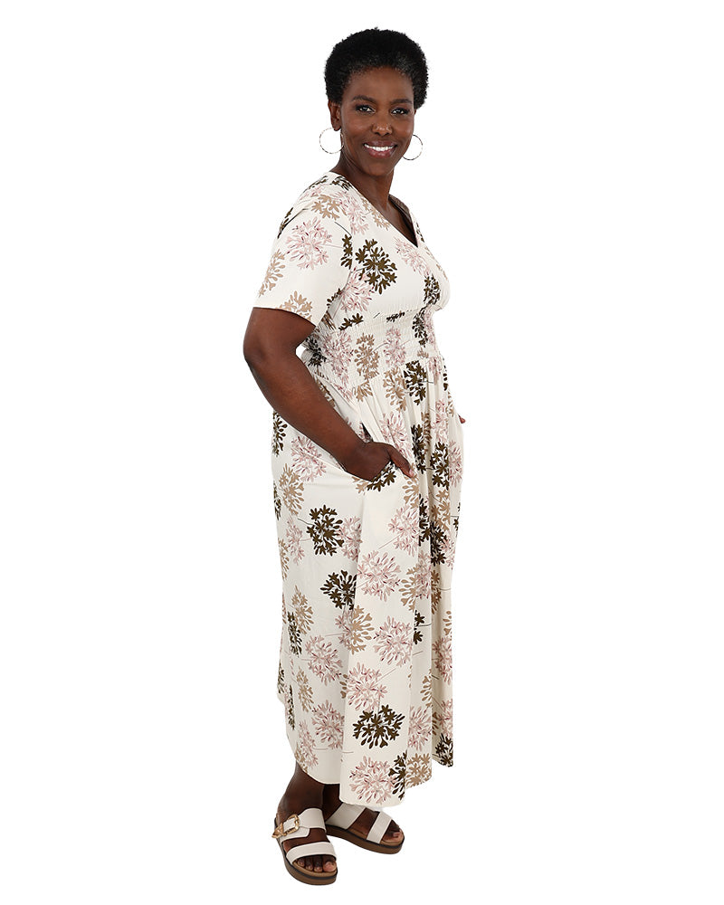 Short Sleeve Printed Smocked Waist Maxi Dress