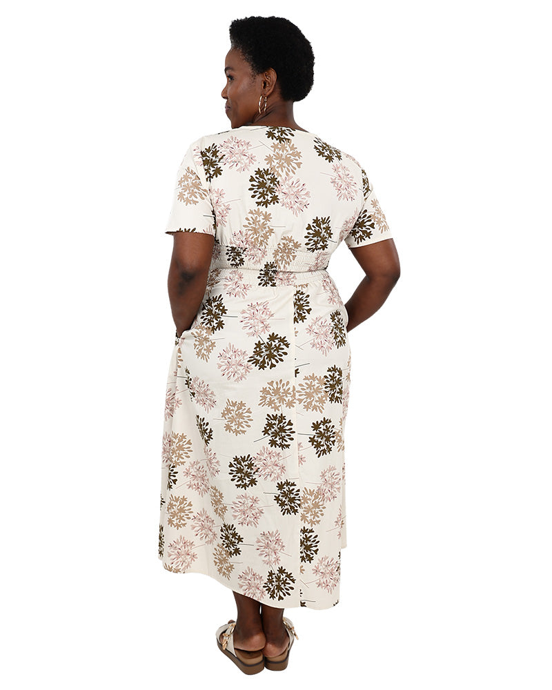 Short Sleeve Printed Smocked Waist Maxi Dress