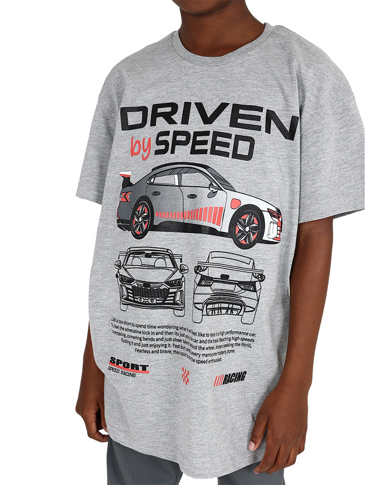 Short Sleeve Grey Mélange Racing Car Graphic T-Shirt
