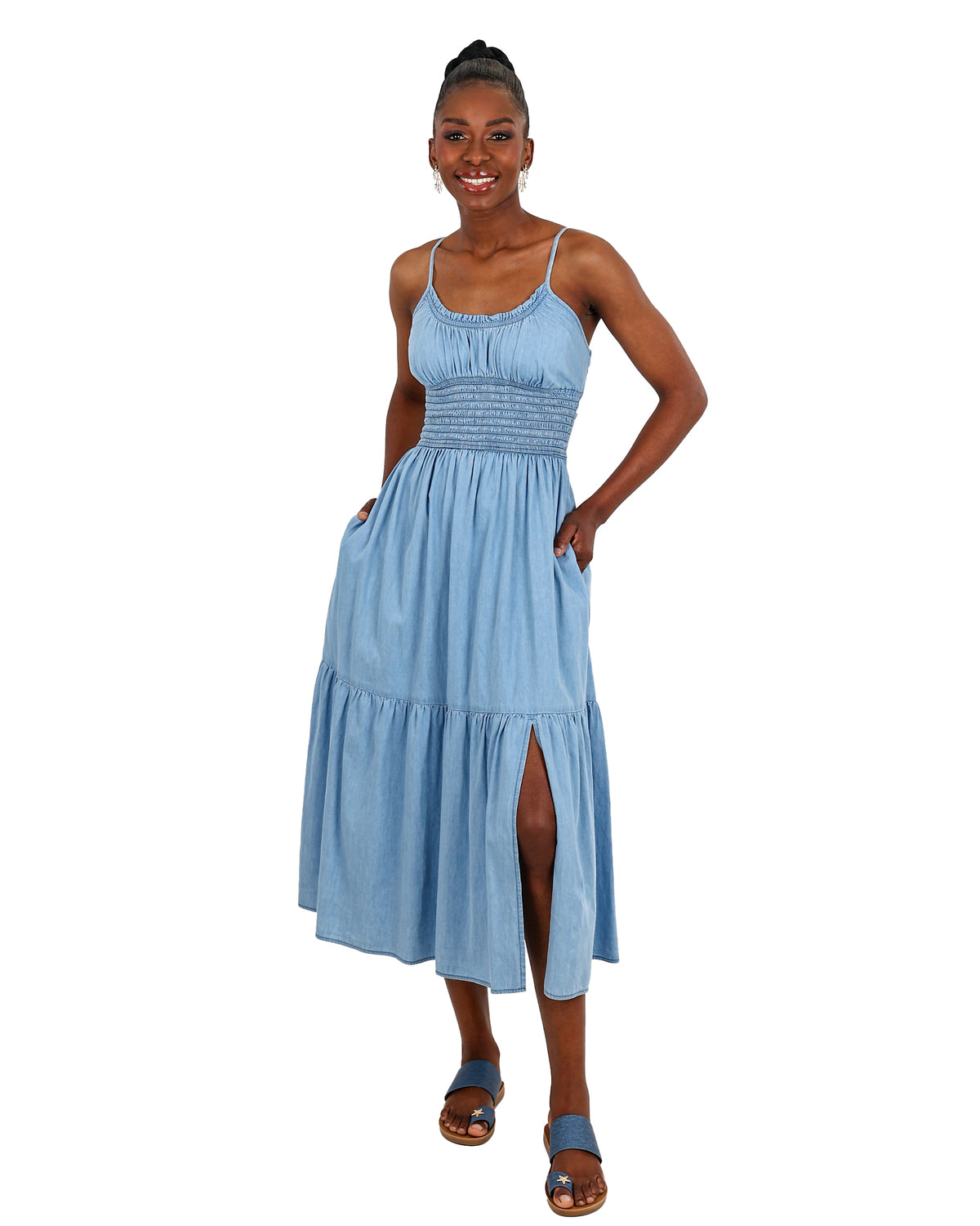 Strappy Smocked Denim Midi Dress