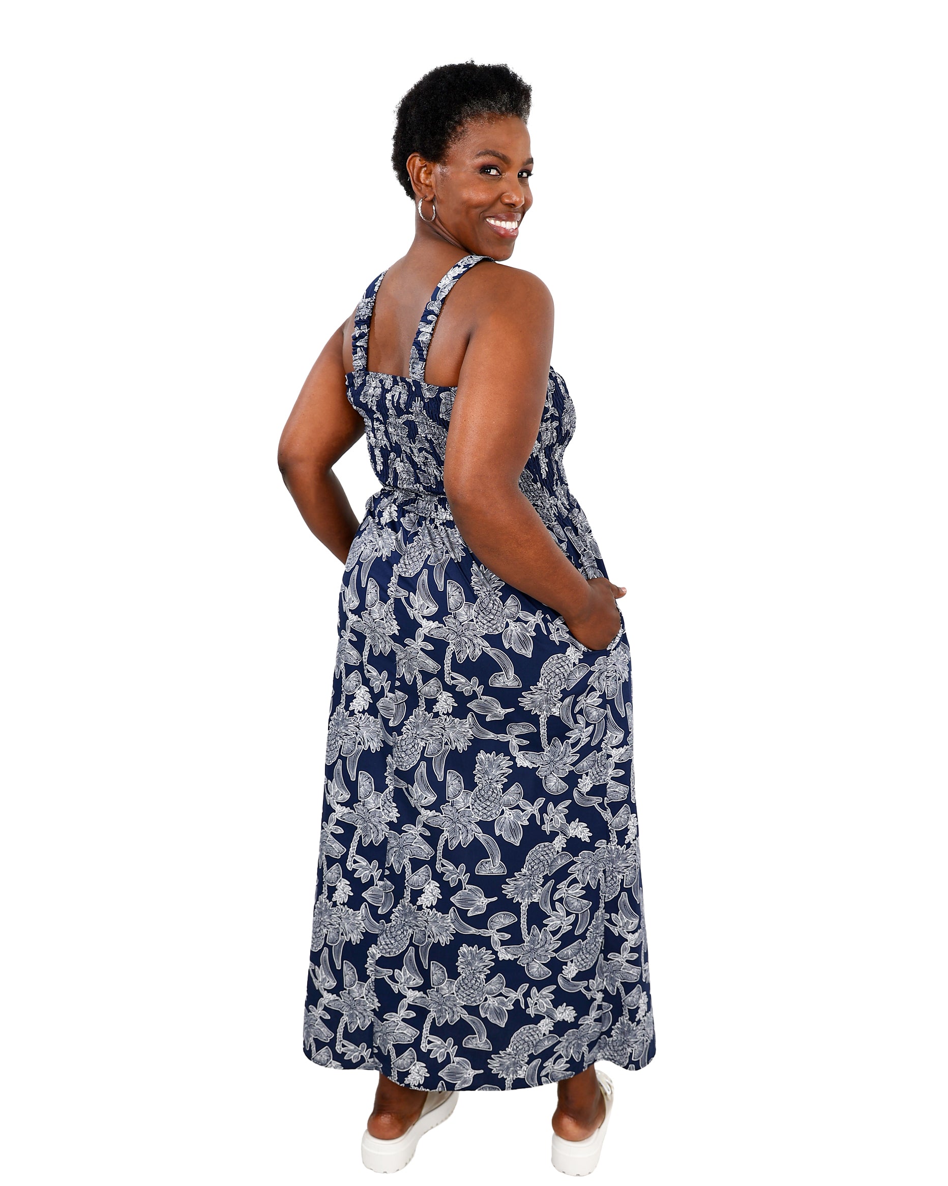Strappy Navy & White Smocked Maxi Dress