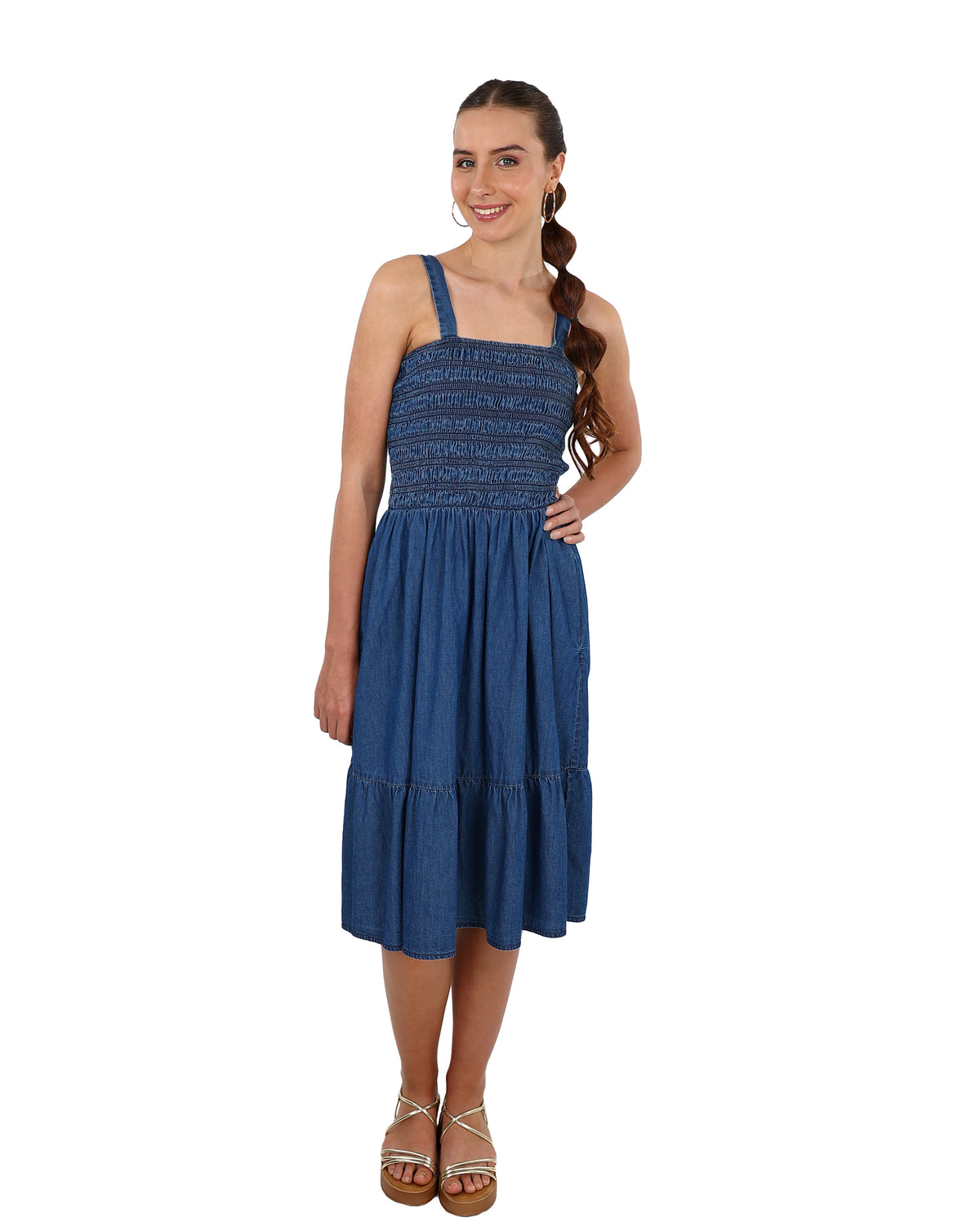 Knee Length Smocked Denim Dress