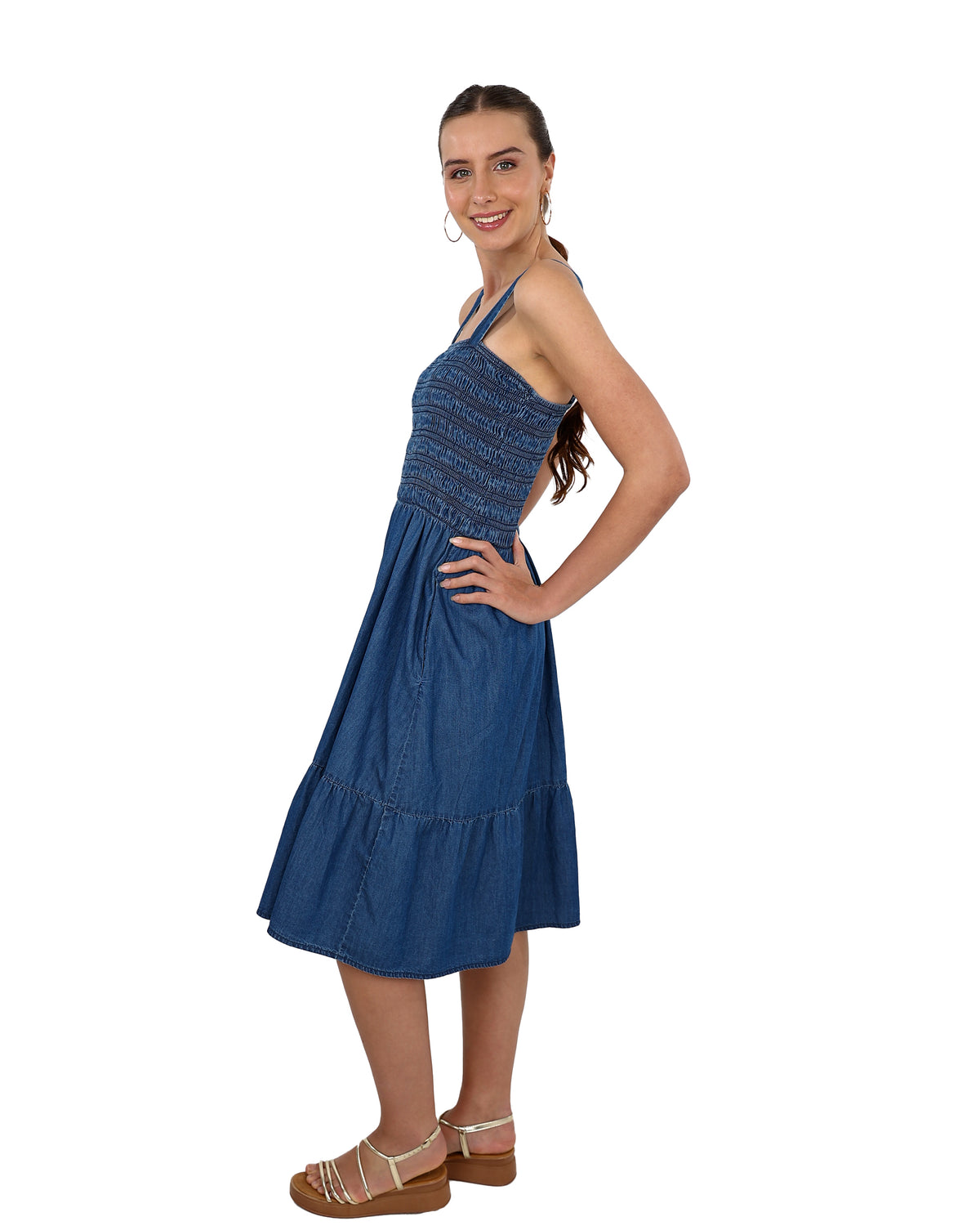 Knee Length Smocked Denim Dress