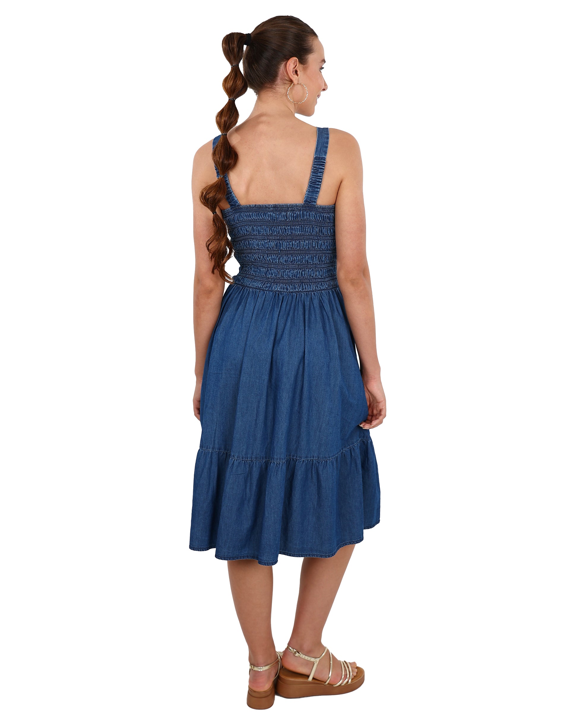 Knee Length Smocked Denim Dress