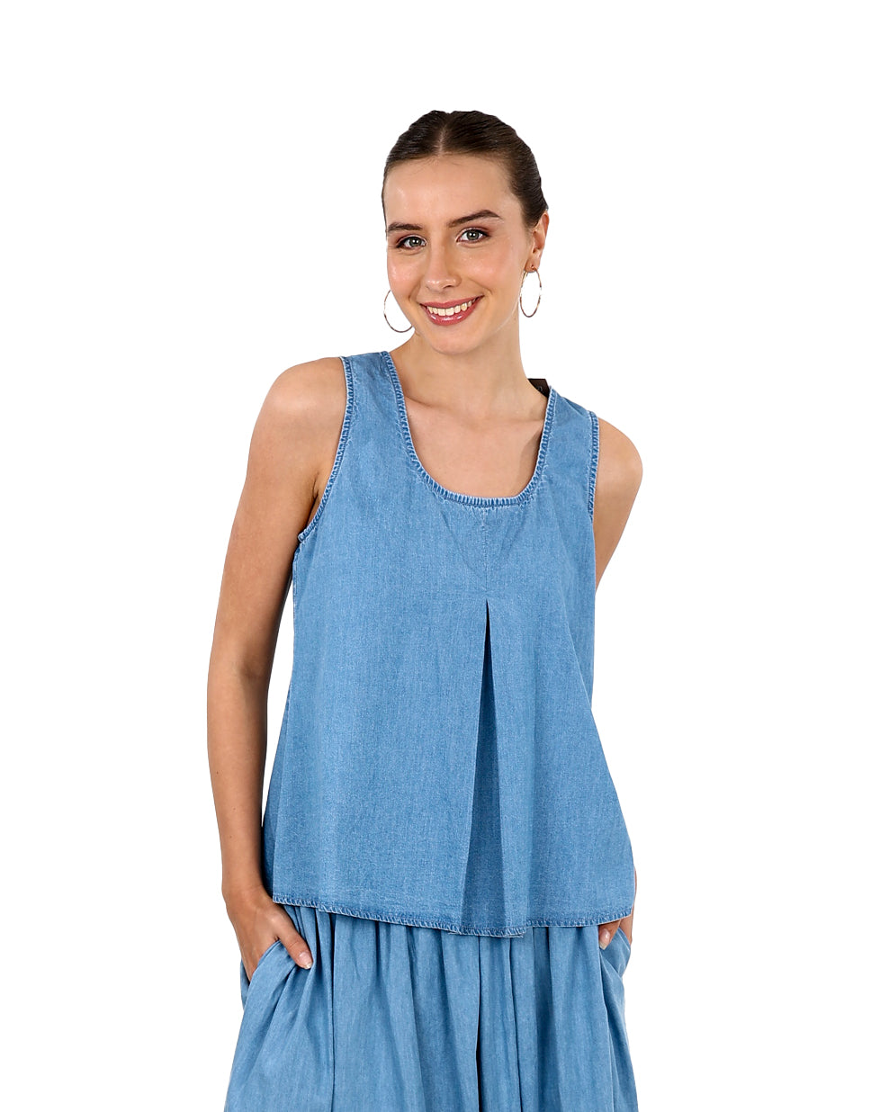 Sleeveless Denim Split Pleat Blouse