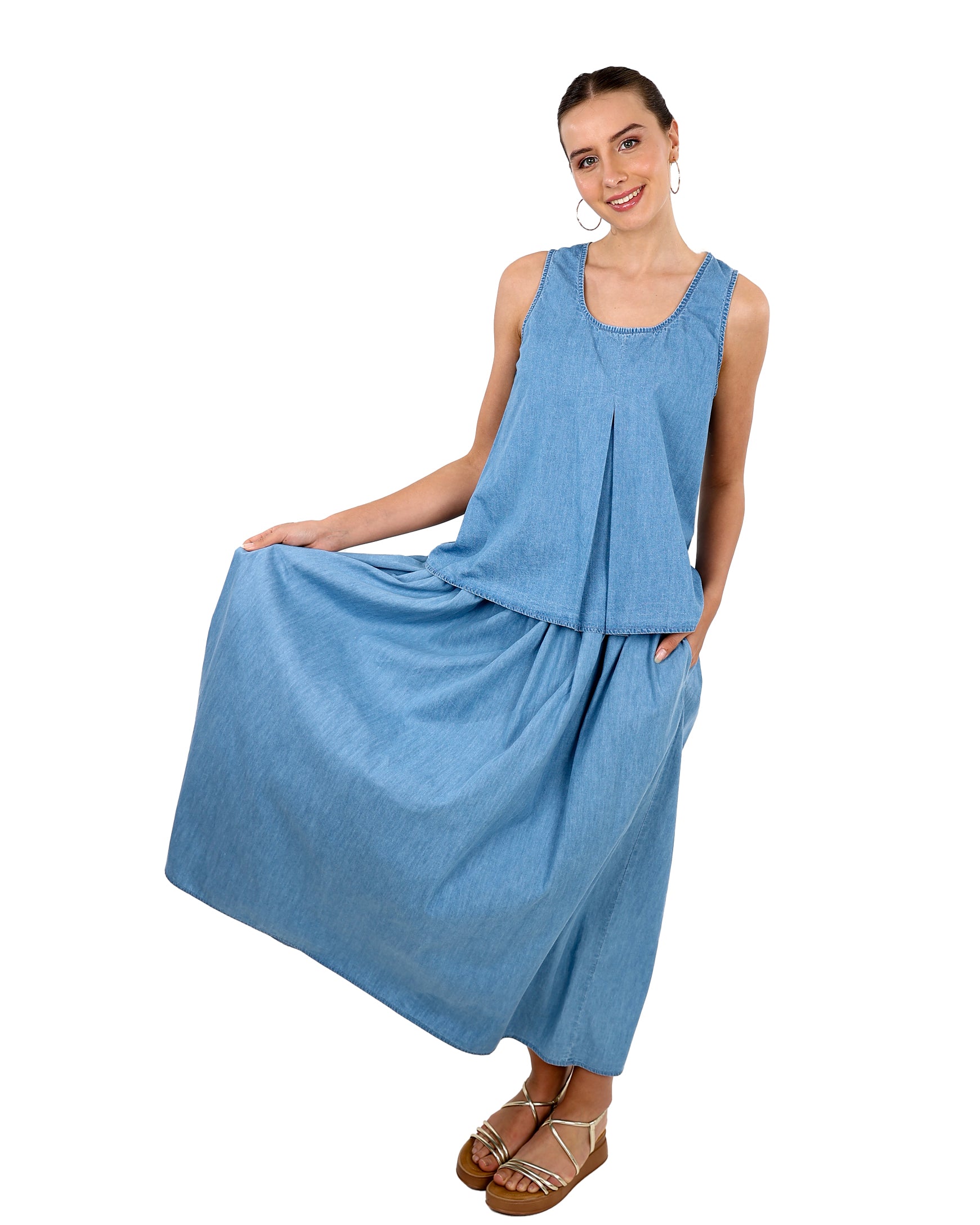 Sleeveless Denim Split Pleat Blouse