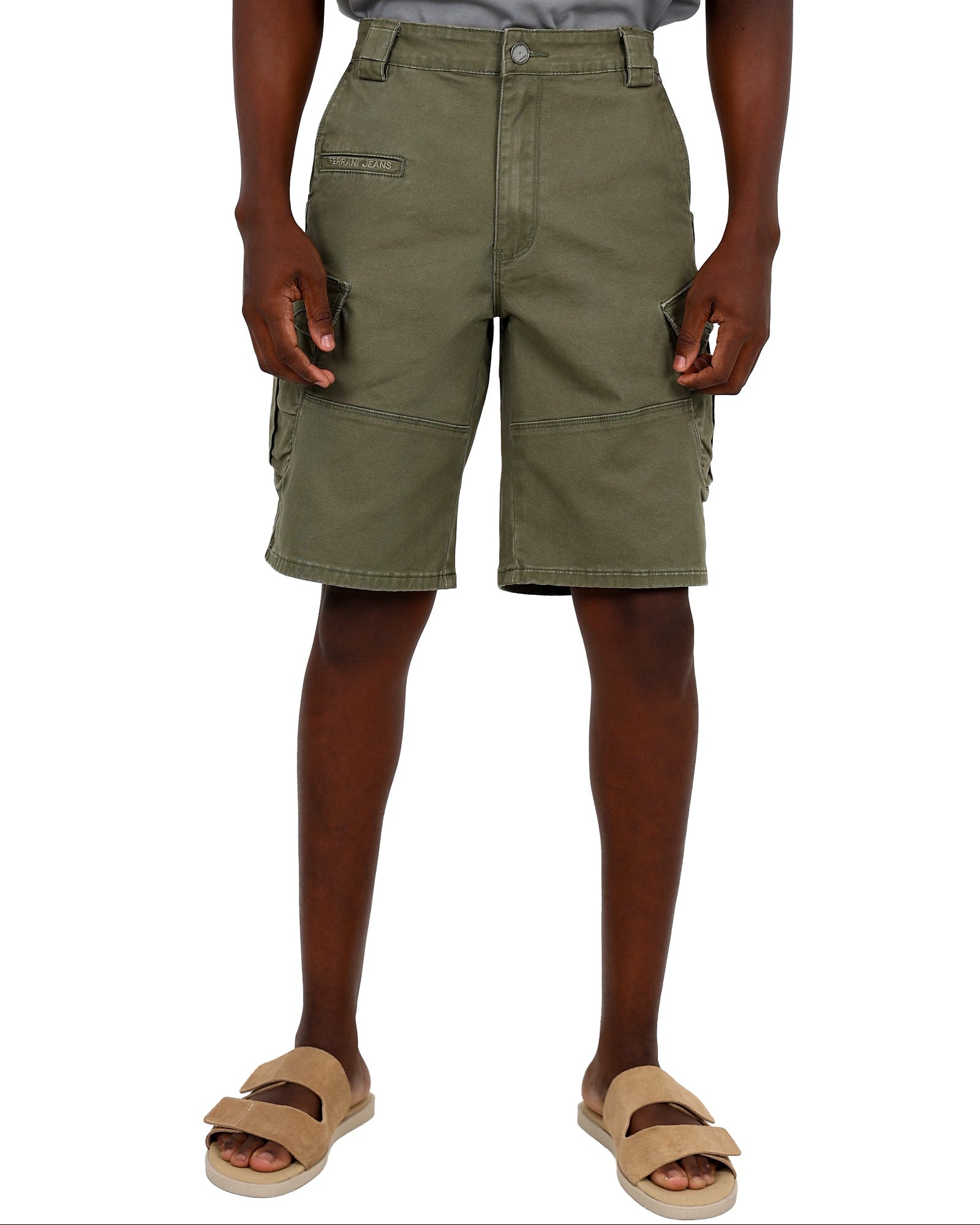 Ferrani Khaki Cotton Spandex Cargo Shorts
